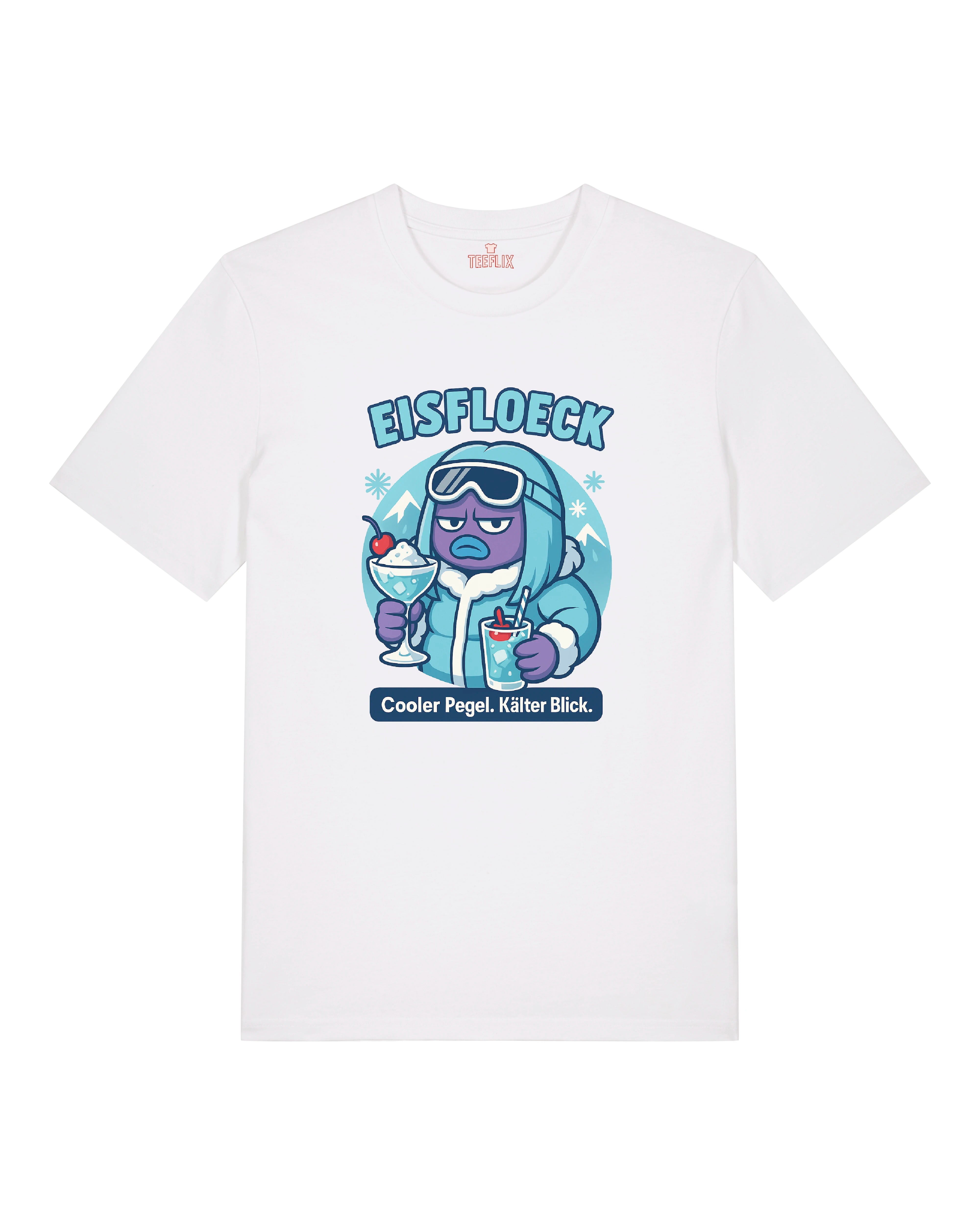 Weißes EISFLOECK Shirt mit cooler Figur, Schneebrille und Cocktail