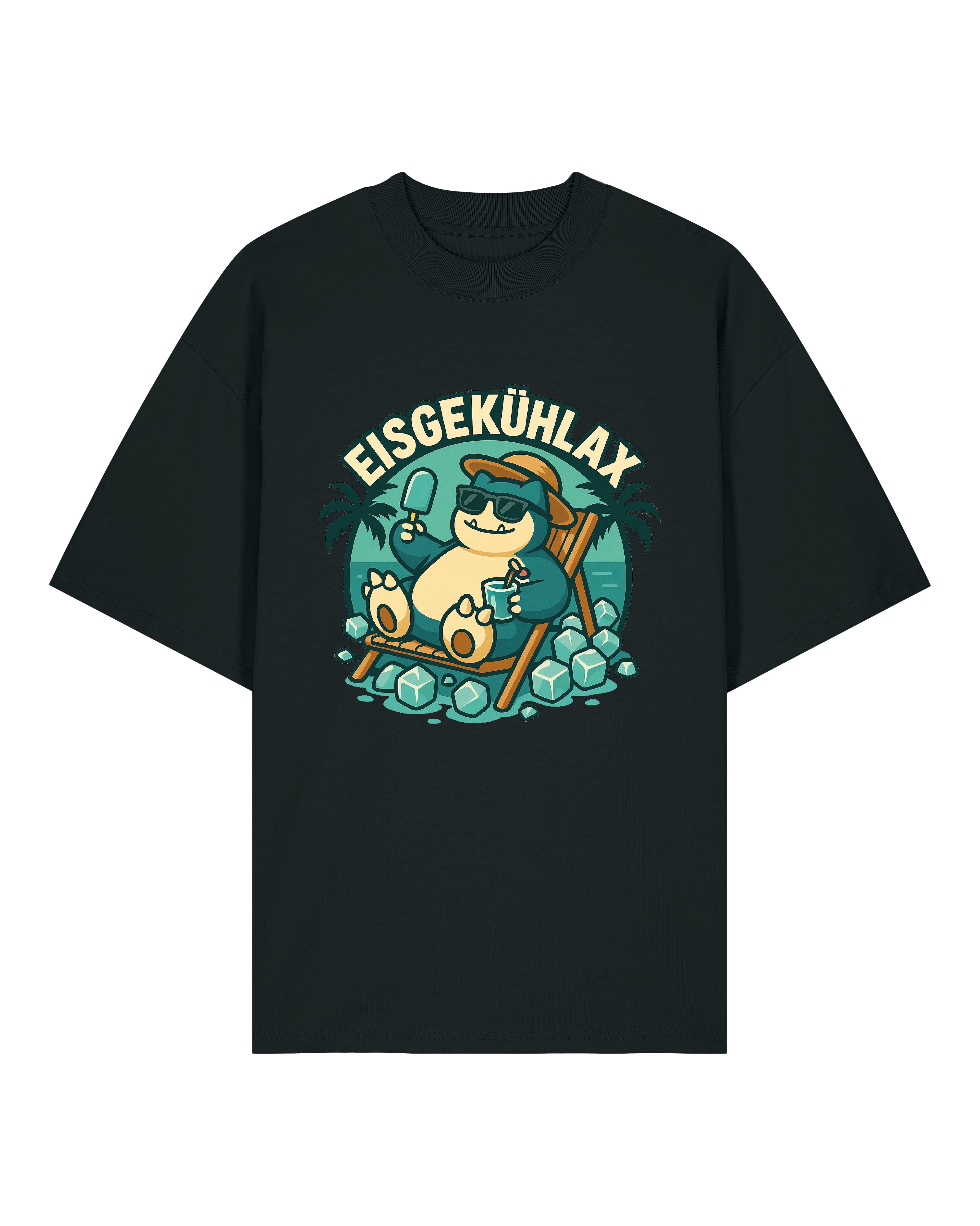 Schwarzes T-Shirt mit EISGEKÜHLAX – chillige Figur auf Eiswürfeln, perfekter Sommerstil.