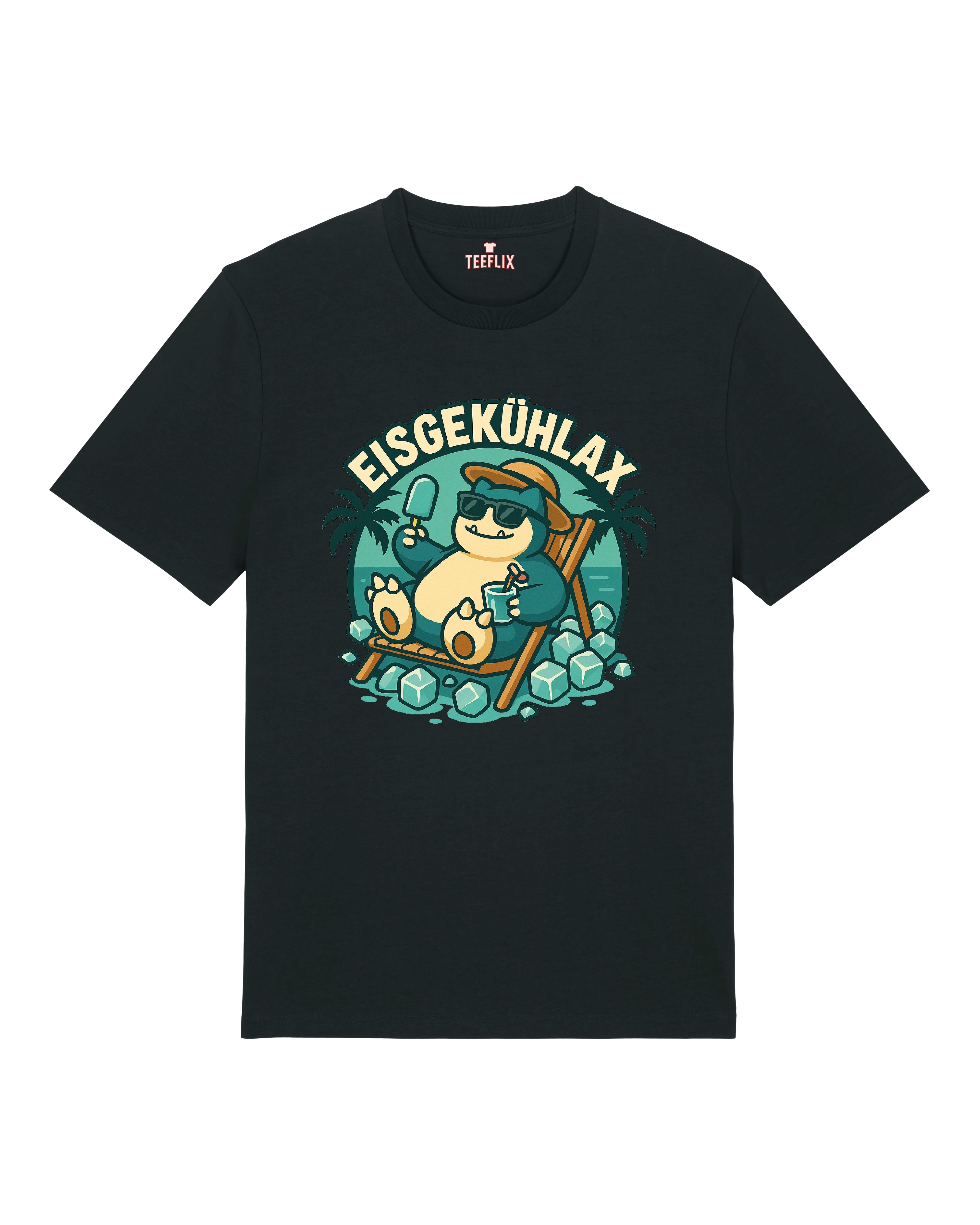 Schwarzes T-Shirt mit EISGEKÜHLAX – chillige Figur auf Eiswürfeln, perfekter Sommerstil.