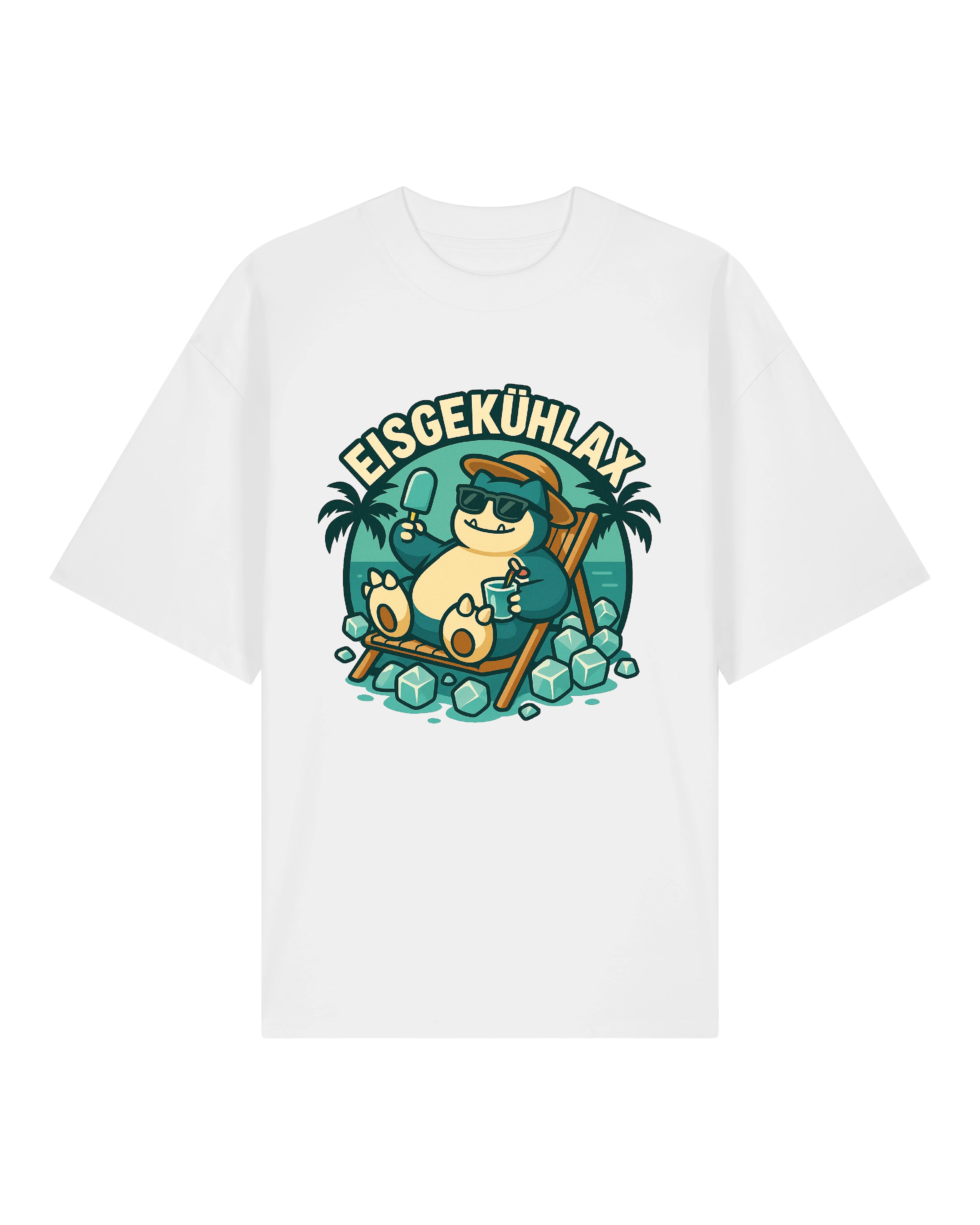 Weißes T-Shirt mit EISGEKÜHLAX-Motiv – relaxende Figur mit Eiswürfeln im Sommer-Look.