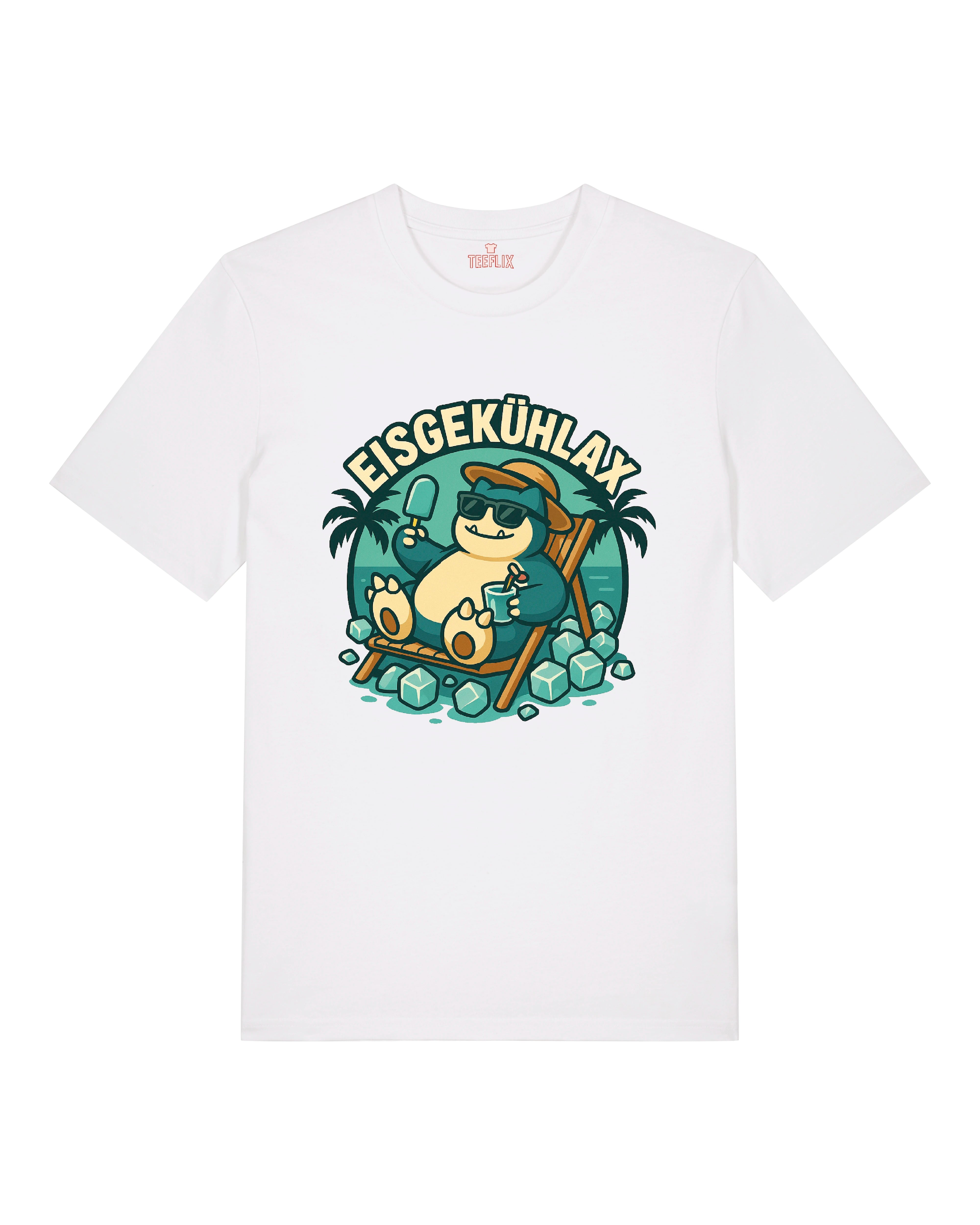Weißes T-Shirt mit EISGEKÜHLAX-Motiv – relaxende Figur mit Eiswürfeln im Sommer-Look.