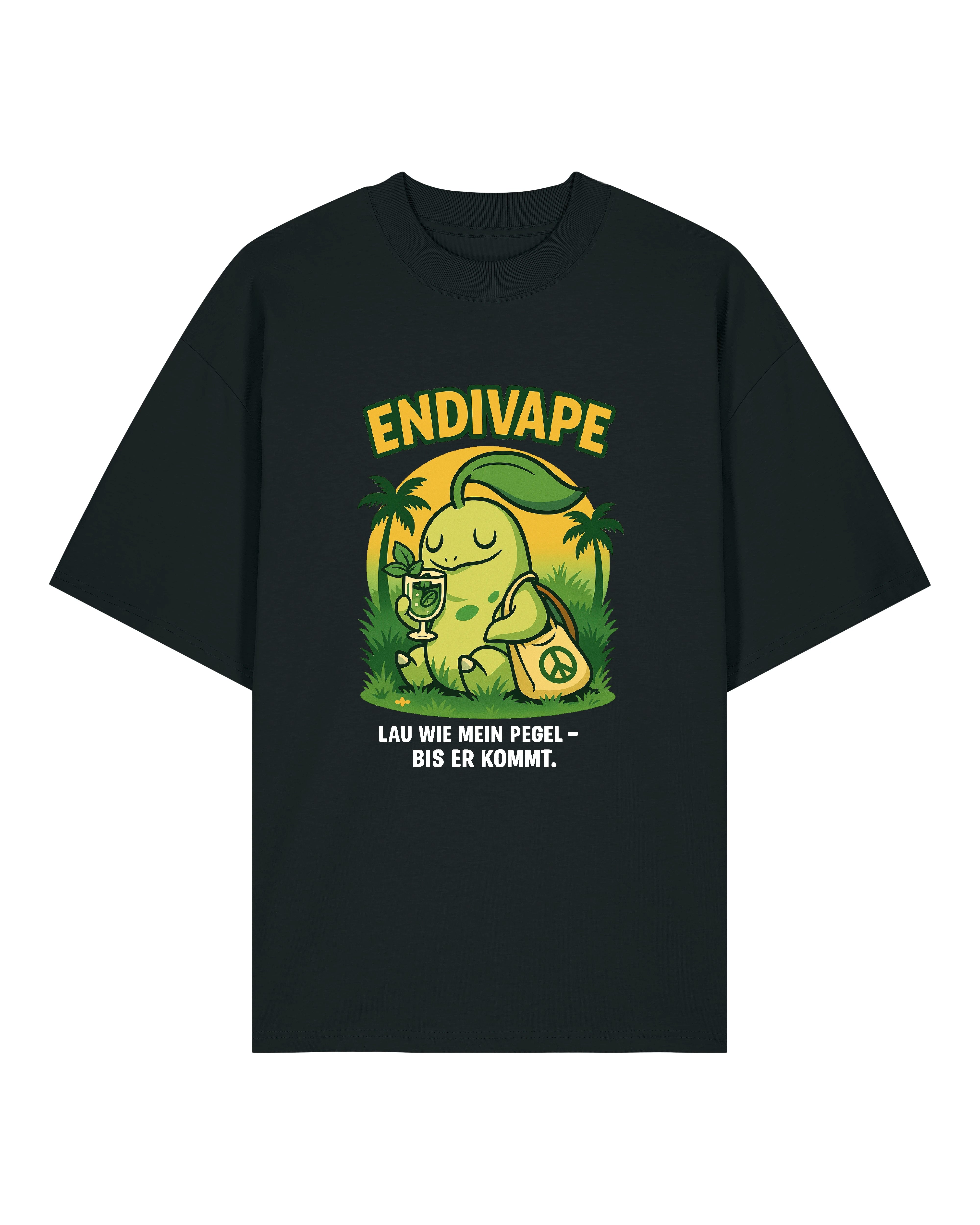 Schwarzes T-Shirt mit Endivape-Motiv beim Entspannen mit Drink und Peace-Tasche