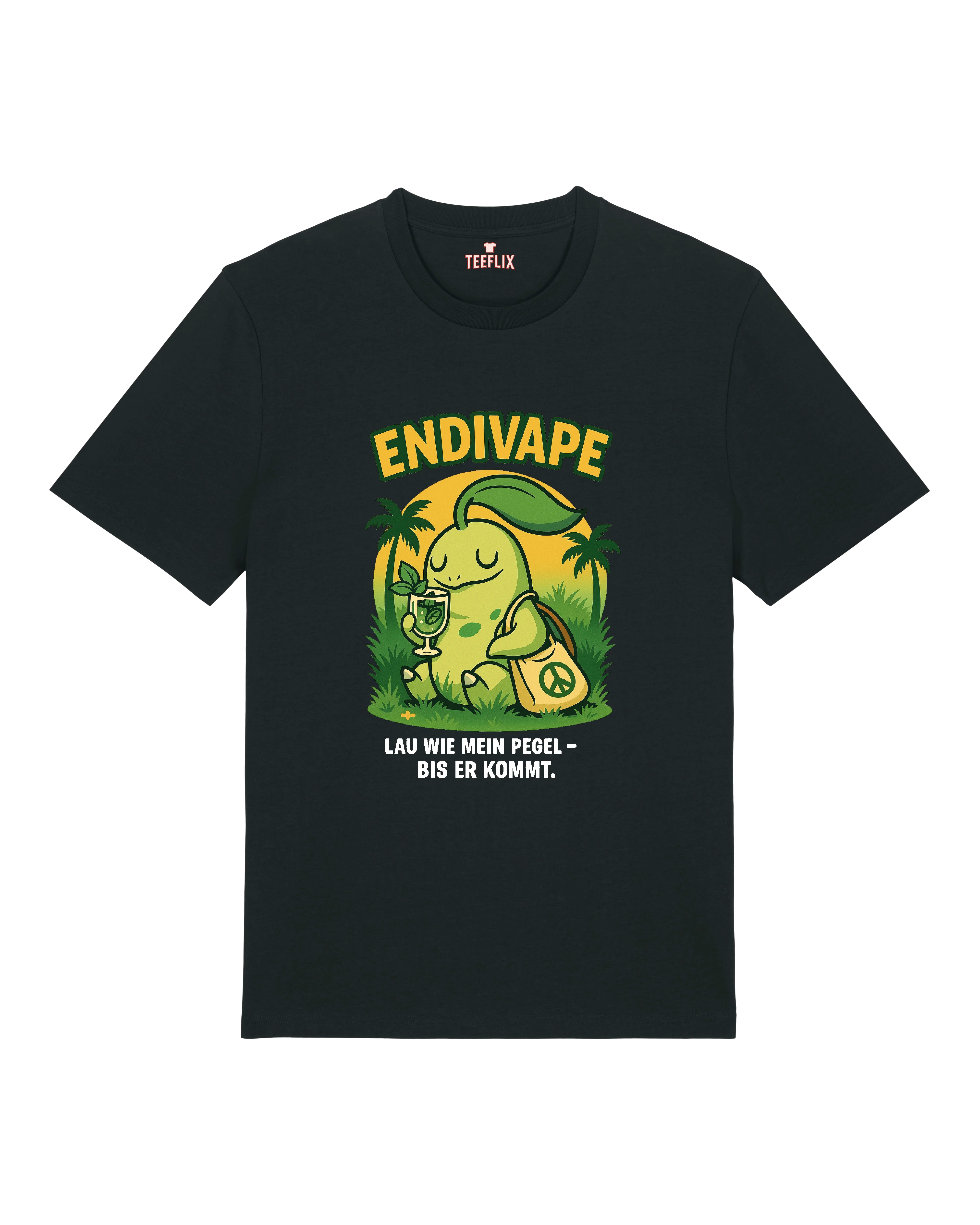 Schwarzes T-Shirt mit Endivape-Motiv beim Entspannen mit Drink und Peace-Tasche