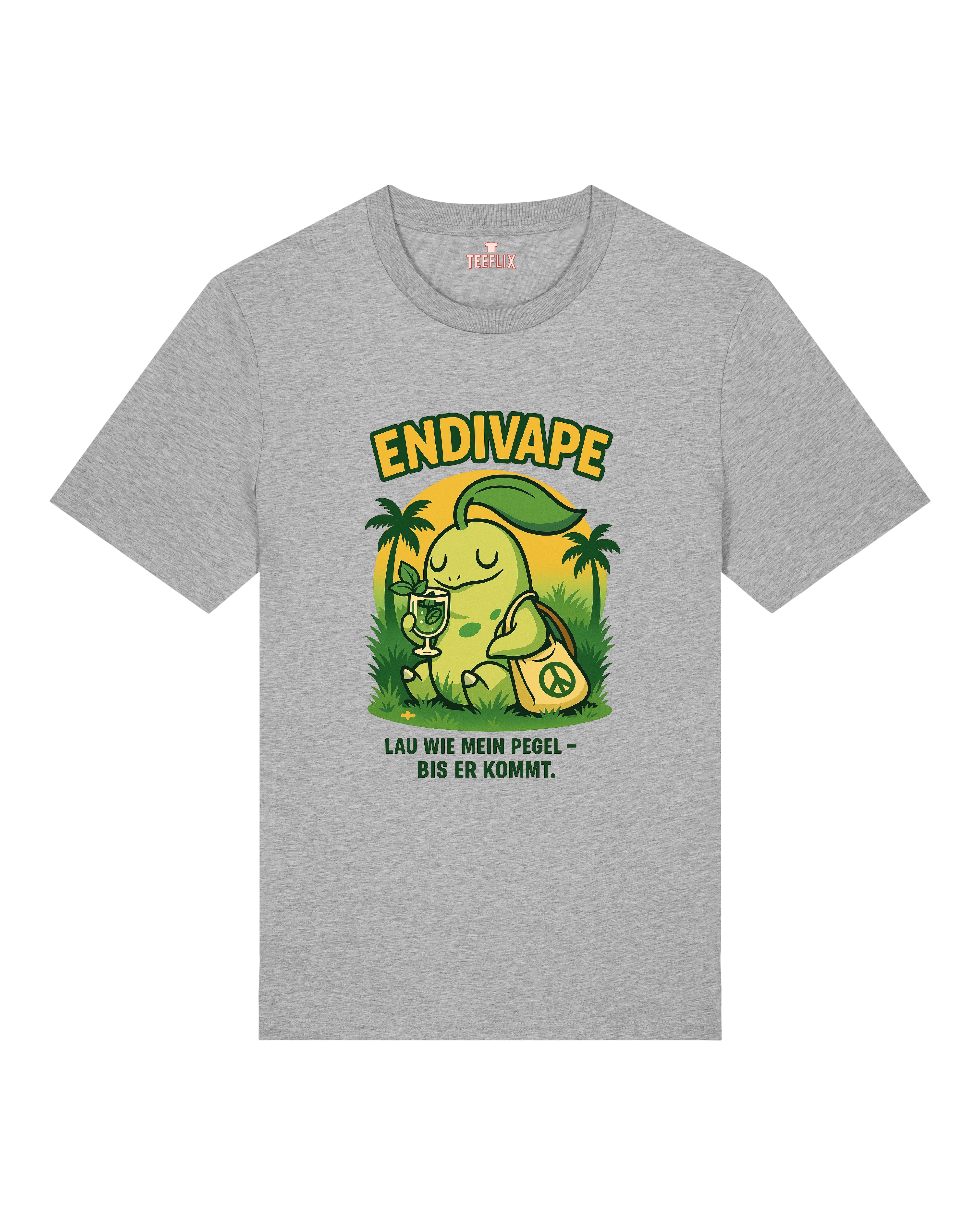 Graues Chill-Shirt mit Endivape und dem Spruch „Lau wie mein Pegel – bis er kommt“