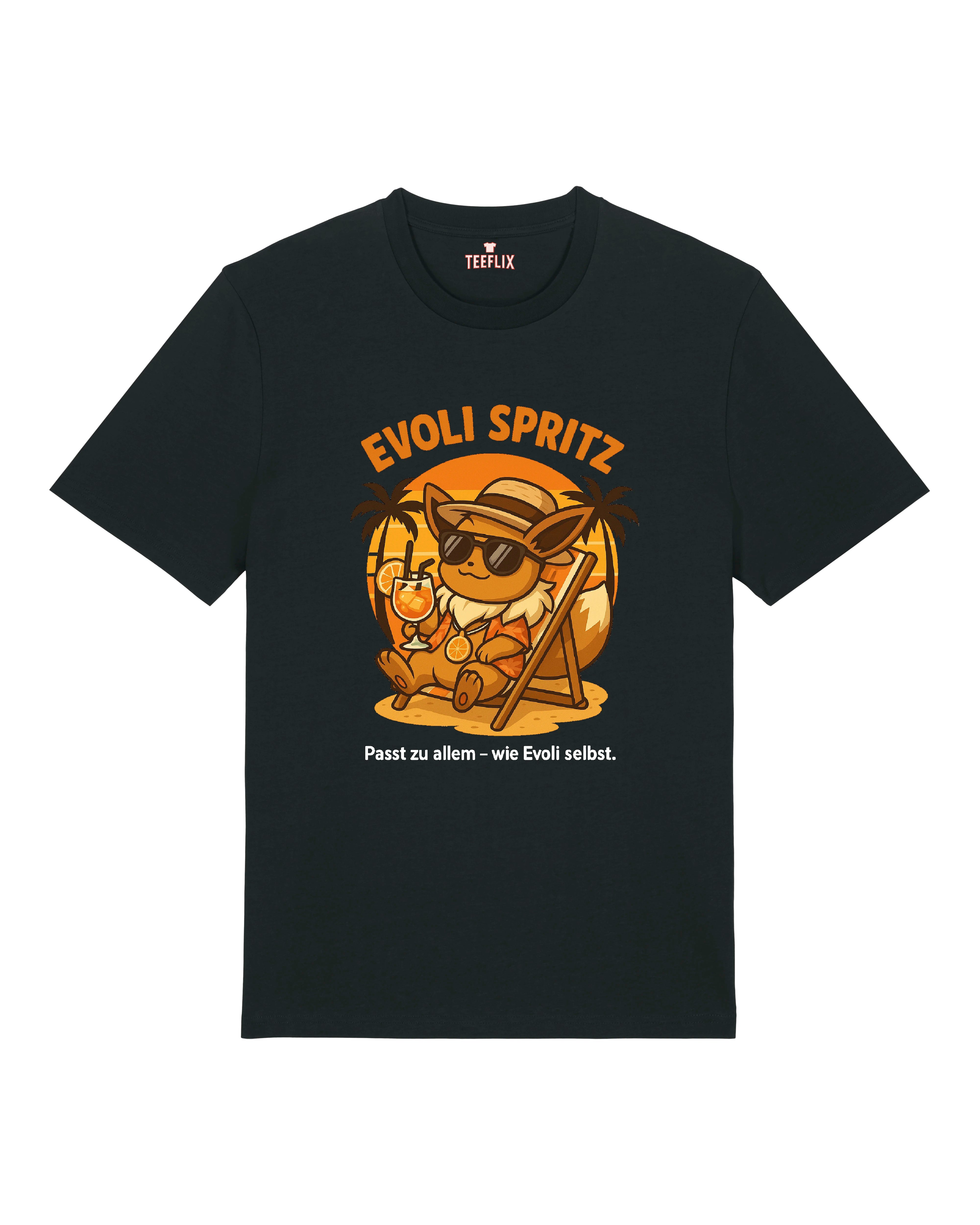 Schwarzes Evoli Spritz T-Shirt mit Evoli im Liegestuhl und Aperol Cocktail