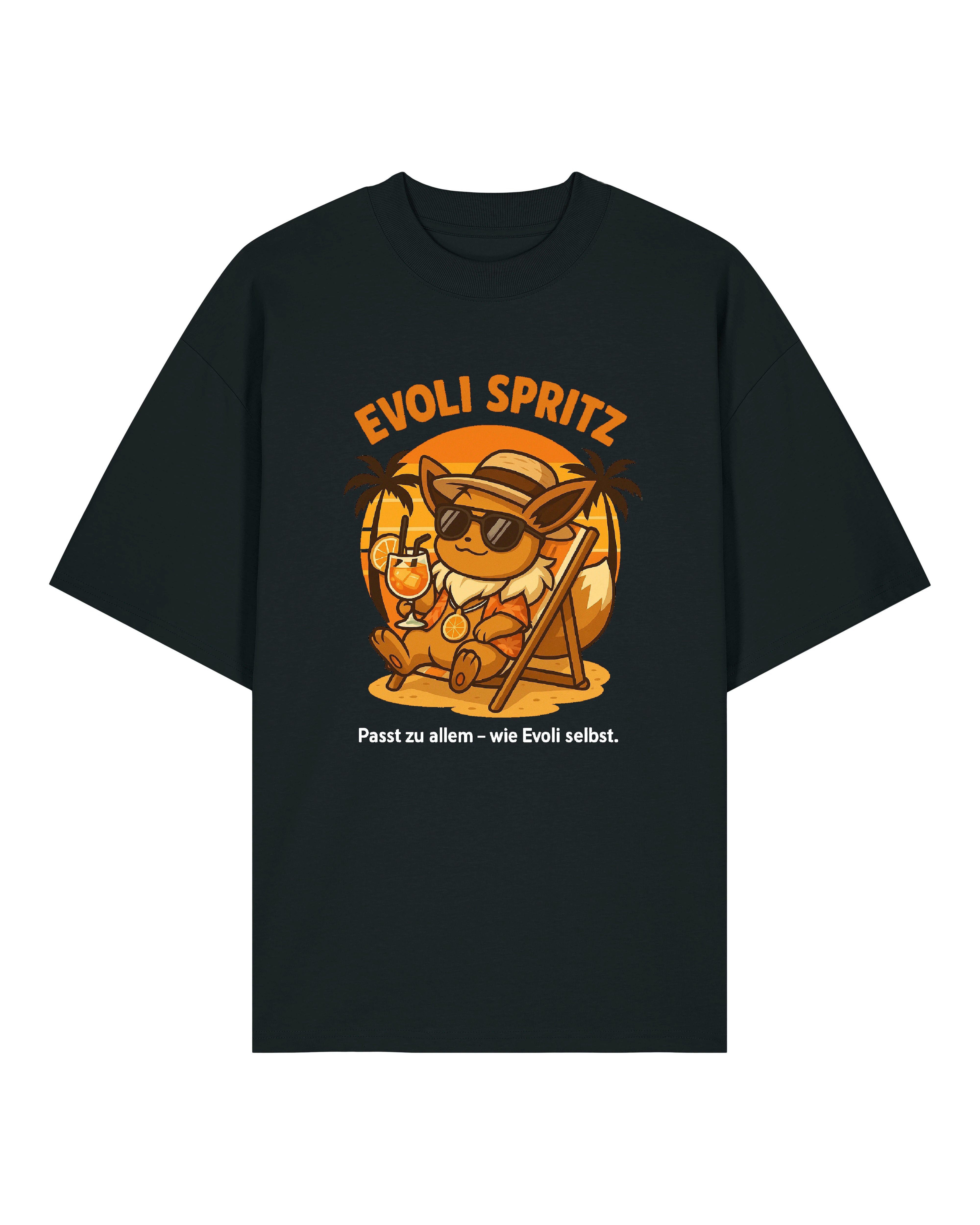 Schwarzes Evoli Spritz T-Shirt mit Evoli im Liegestuhl und Aperol Cocktail