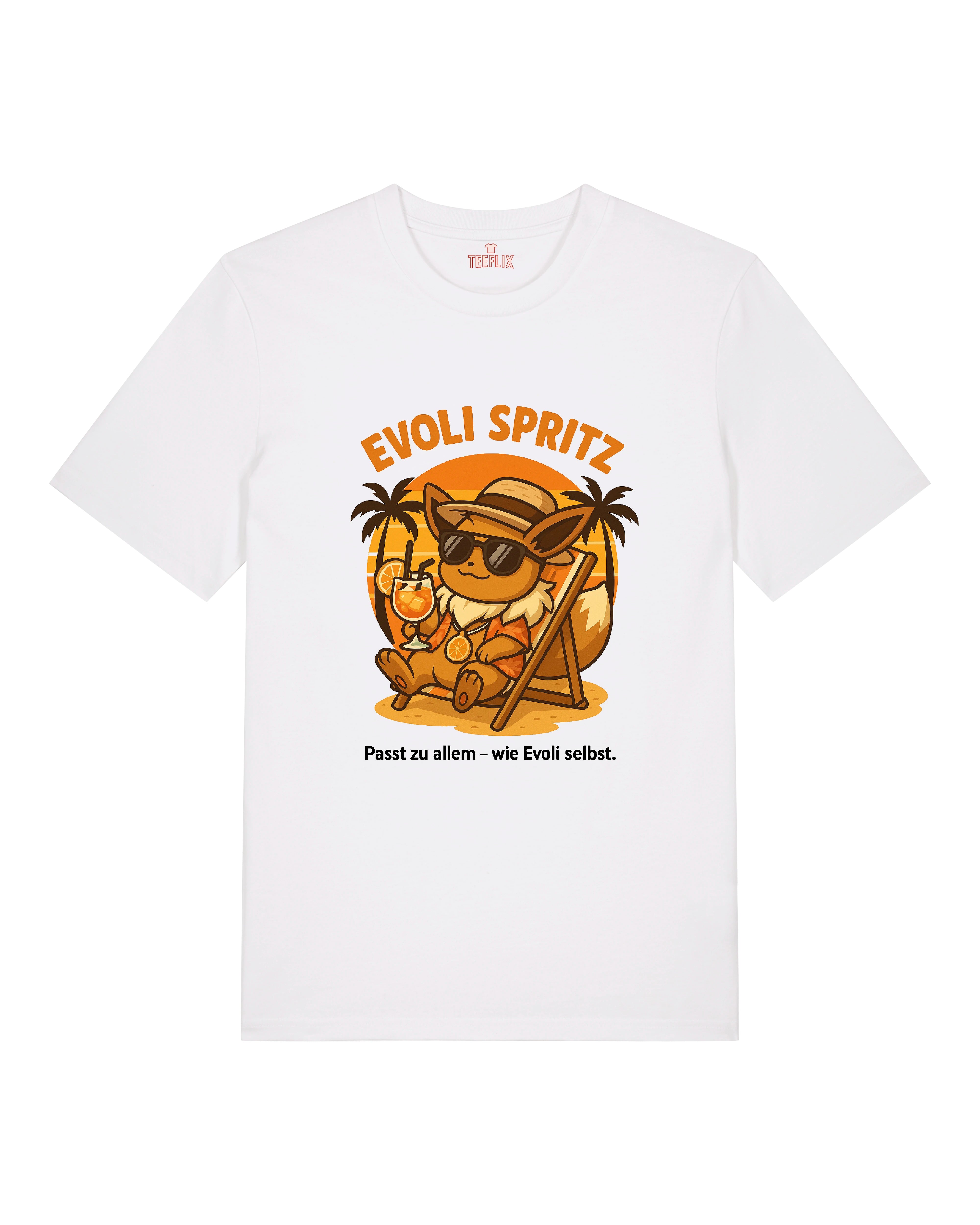 Weißes Evoli Spritz Shirt mit chillendem Evoli und Cocktailglas