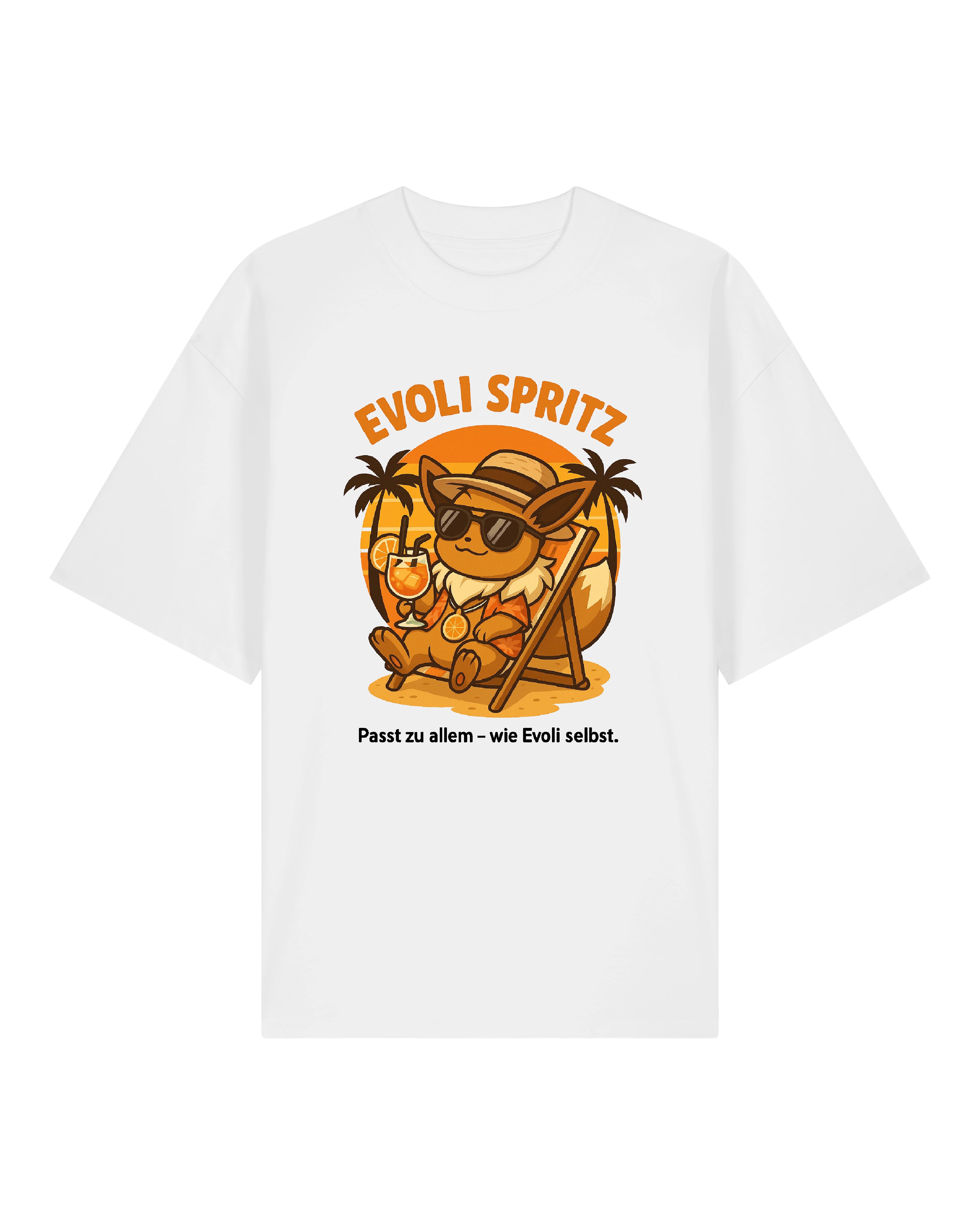 Weißes Evoli Spritz Shirt mit chillendem Evoli und Cocktailglas