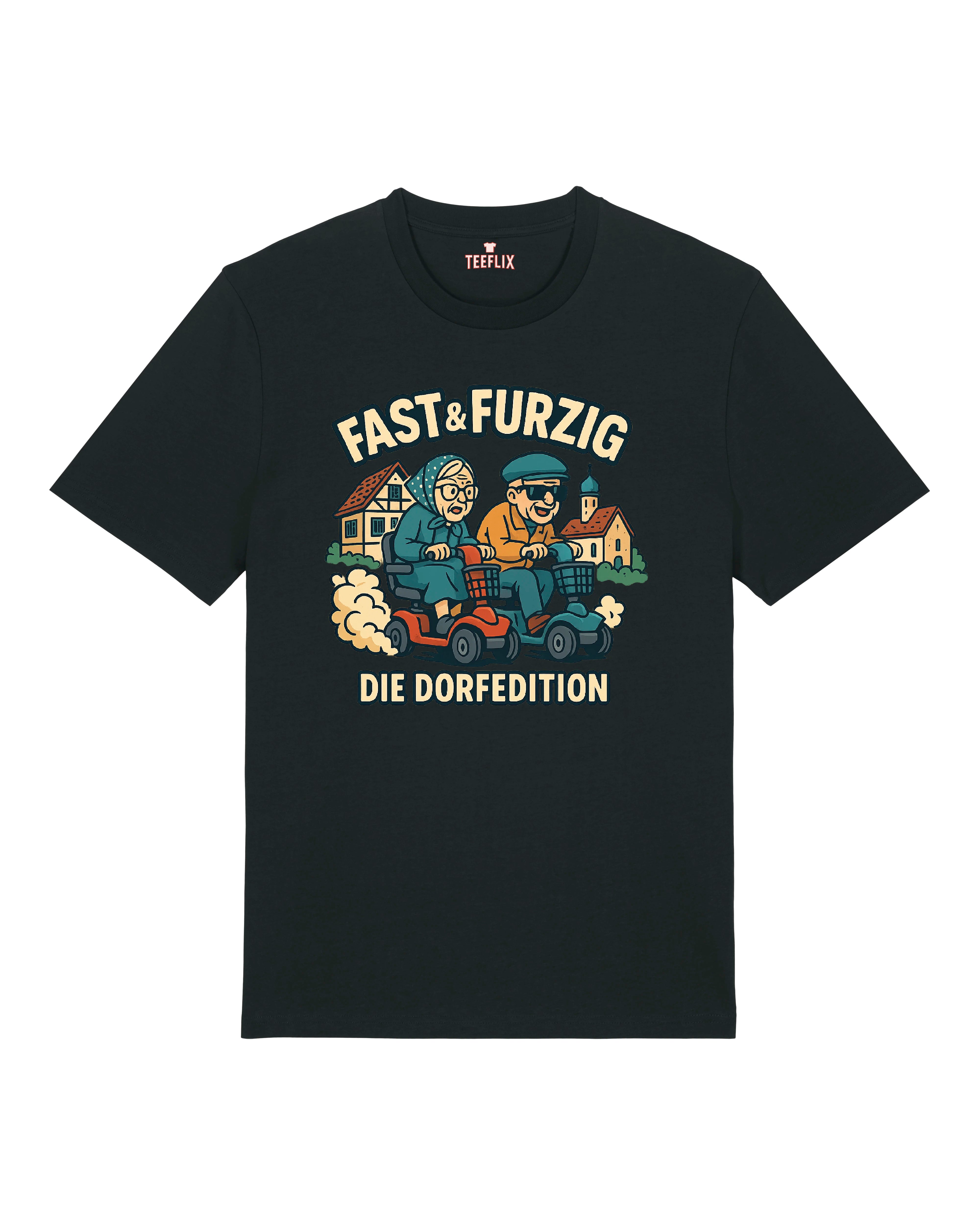 Auf dem Shirt ist ein humorvoll gezeichneter Wettkampf zweier älterer Menschen zu sehen: Beide sitzen auf elektrischen Rollatoren‑Scootern in Rot und Blau. Sie tragen Alltagskleidung, eine Person eventuell mit Kopftuch, die andere mit Schirmmütze und Sonnenbrille. Im Hintergrund ein idyllisches Dorf mit Fachwerkhäusern und Kirchturm. Darüber der Slogan „Fast & Furzig“, darunter „Die Dorfedition“. Stilisiert im Comic‑Look mit lebendigen Farben, auf hellem oder dunklem T‑Shirt erhältlich.