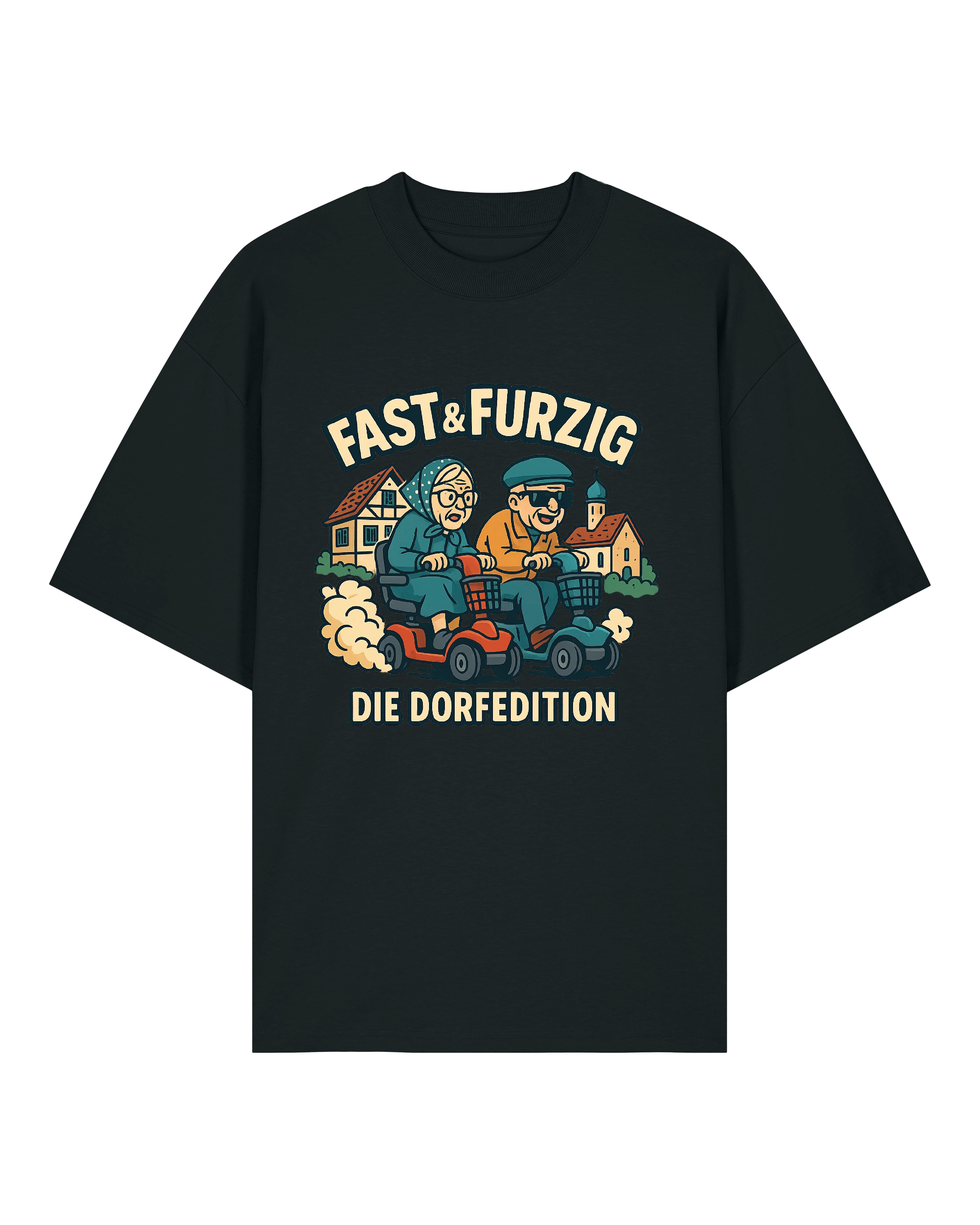 Auf dem Shirt ist ein humorvoll gezeichneter Wettkampf zweier älterer Menschen zu sehen: Beide sitzen auf elektrischen Rollatoren‑Scootern in Rot und Blau. Sie tragen Alltagskleidung, eine Person eventuell mit Kopftuch, die andere mit Schirmmütze und Sonnenbrille. Im Hintergrund ein idyllisches Dorf mit Fachwerkhäusern und Kirchturm. Darüber der Slogan „Fast & Furzig“, darunter „Die Dorfedition“. Stilisiert im Comic‑Look mit lebendigen Farben, auf hellem oder dunklem T‑Shirt erhältlich.