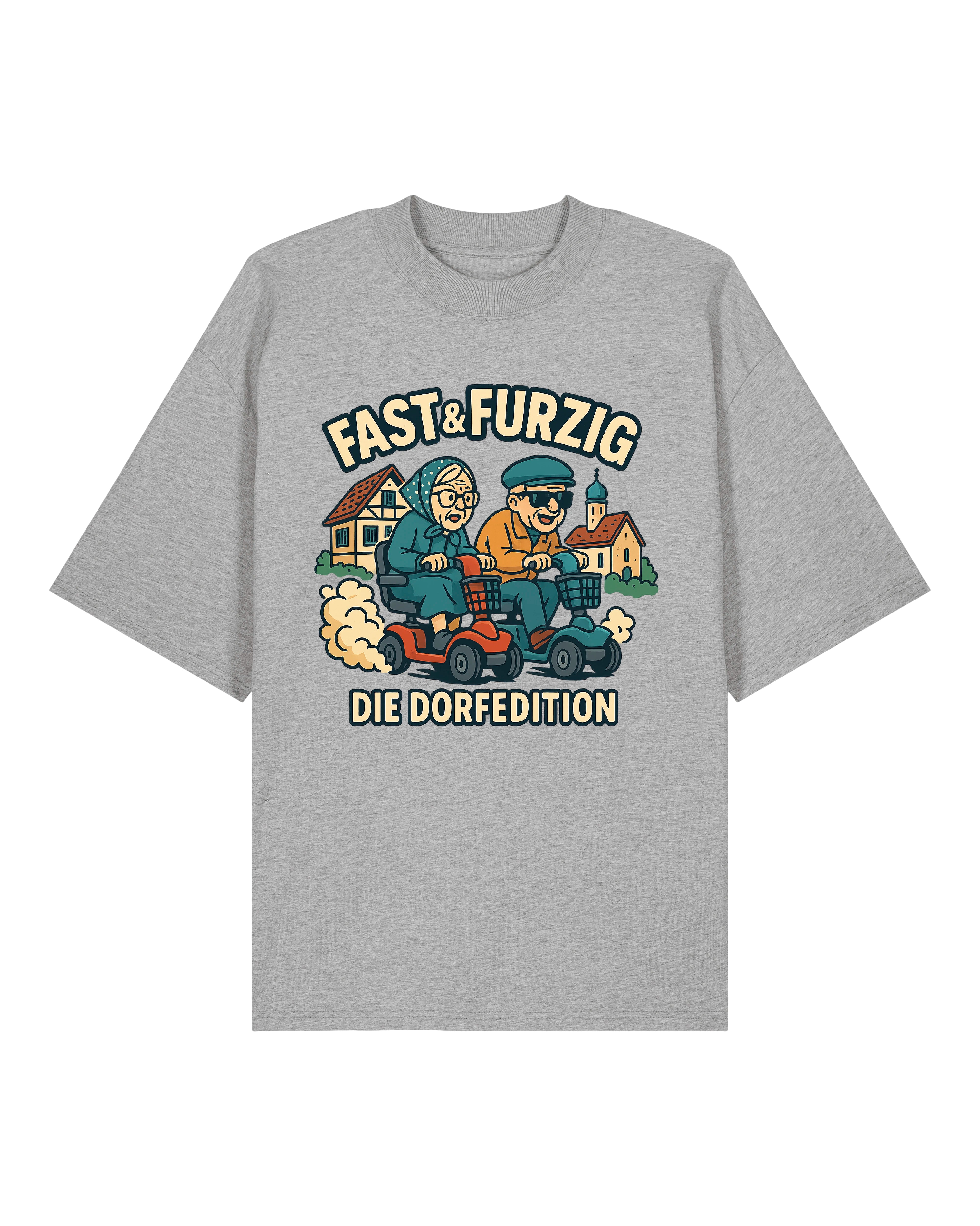 Auf dem Shirt ist ein humorvoll gezeichneter Wettkampf zweier älterer Menschen zu sehen: Beide sitzen auf elektrischen Rollatoren‑Scootern in Rot und Blau. Sie tragen Alltagskleidung, eine Person eventuell mit Kopftuch, die andere mit Schirmmütze und Sonnenbrille. Im Hintergrund ein idyllisches Dorf mit Fachwerkhäusern und Kirchturm. Darüber der Slogan „Fast & Furzig“, darunter „Die Dorfedition“. Stilisiert im Comic‑Look mit lebendigen Farben, auf hellem oder dunklem T‑Shirt erhältlich.
