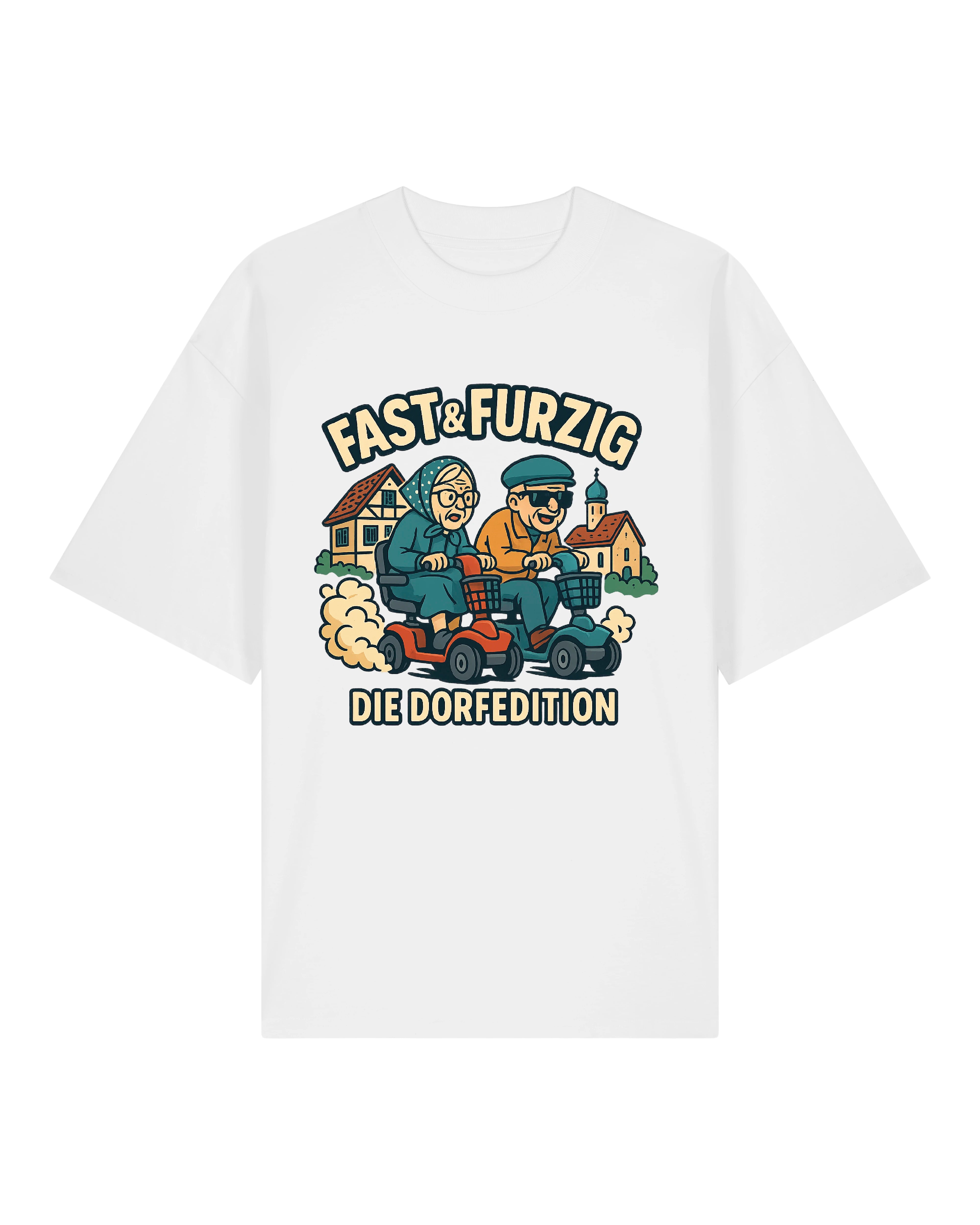 Auf dem Shirt ist ein humorvoll gezeichneter Wettkampf zweier älterer Menschen zu sehen: Beide sitzen auf elektrischen Rollatoren‑Scootern in Rot und Blau. Sie tragen Alltagskleidung, eine Person eventuell mit Kopftuch, die andere mit Schirmmütze und Sonnenbrille. Im Hintergrund ein idyllisches Dorf mit Fachwerkhäusern und Kirchturm. Darüber der Slogan „Fast & Furzig“, darunter „Die Dorfedition“. Stilisiert im Comic‑Look mit lebendigen Farben, auf hellem oder dunklem T‑Shirt erhältlich.