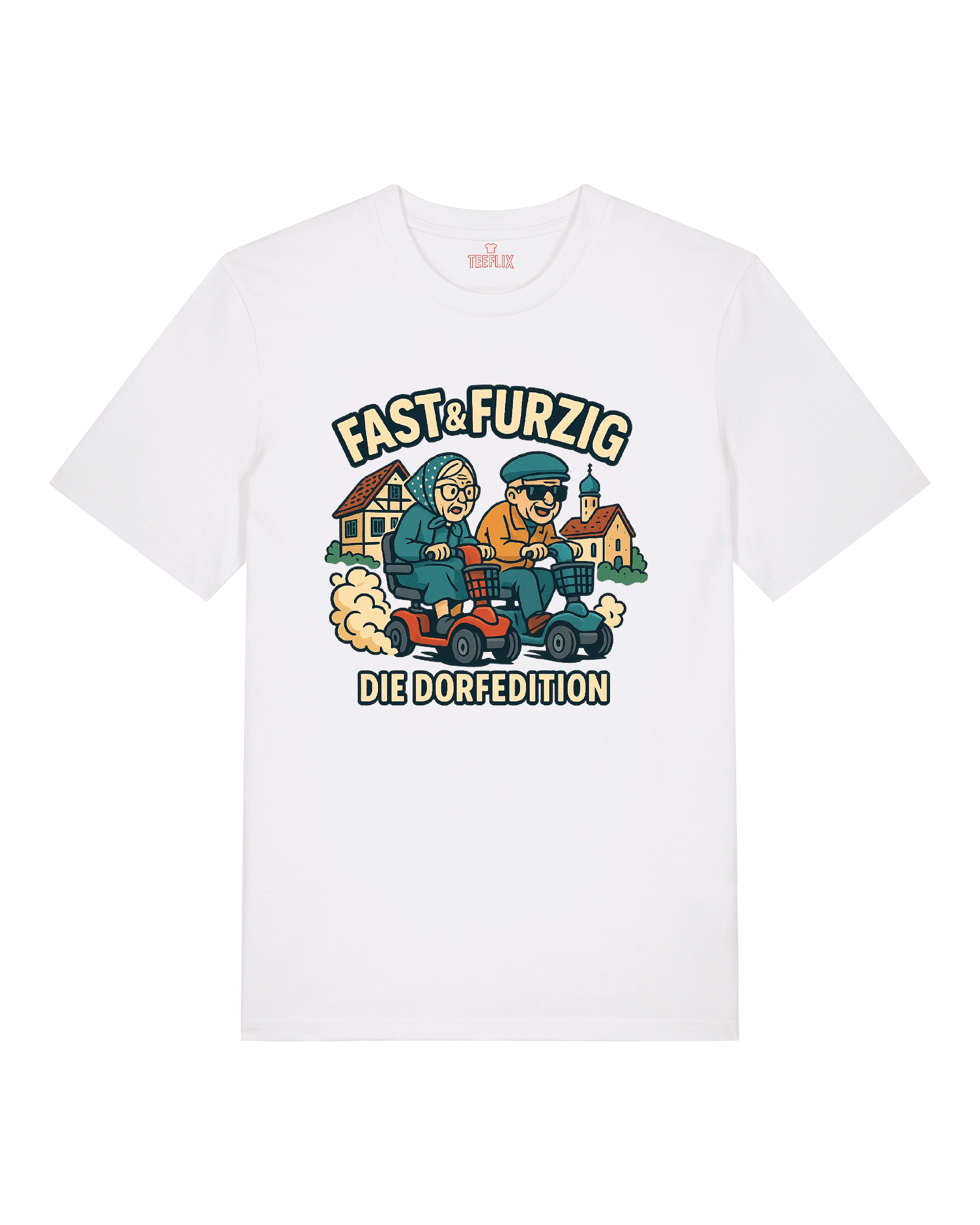 Auf dem Shirt ist ein humorvoll gezeichneter Wettkampf zweier älterer Menschen zu sehen: Beide sitzen auf elektrischen Rollatoren‑Scootern in Rot und Blau. Sie tragen Alltagskleidung, eine Person eventuell mit Kopftuch, die andere mit Schirmmütze und Sonnenbrille. Im Hintergrund ein idyllisches Dorf mit Fachwerkhäusern und Kirchturm. Darüber der Slogan „Fast & Furzig“, darunter „Die Dorfedition“. Stilisiert im Comic‑Look mit lebendigen Farben, auf hellem oder dunklem T‑Shirt erhältlich.