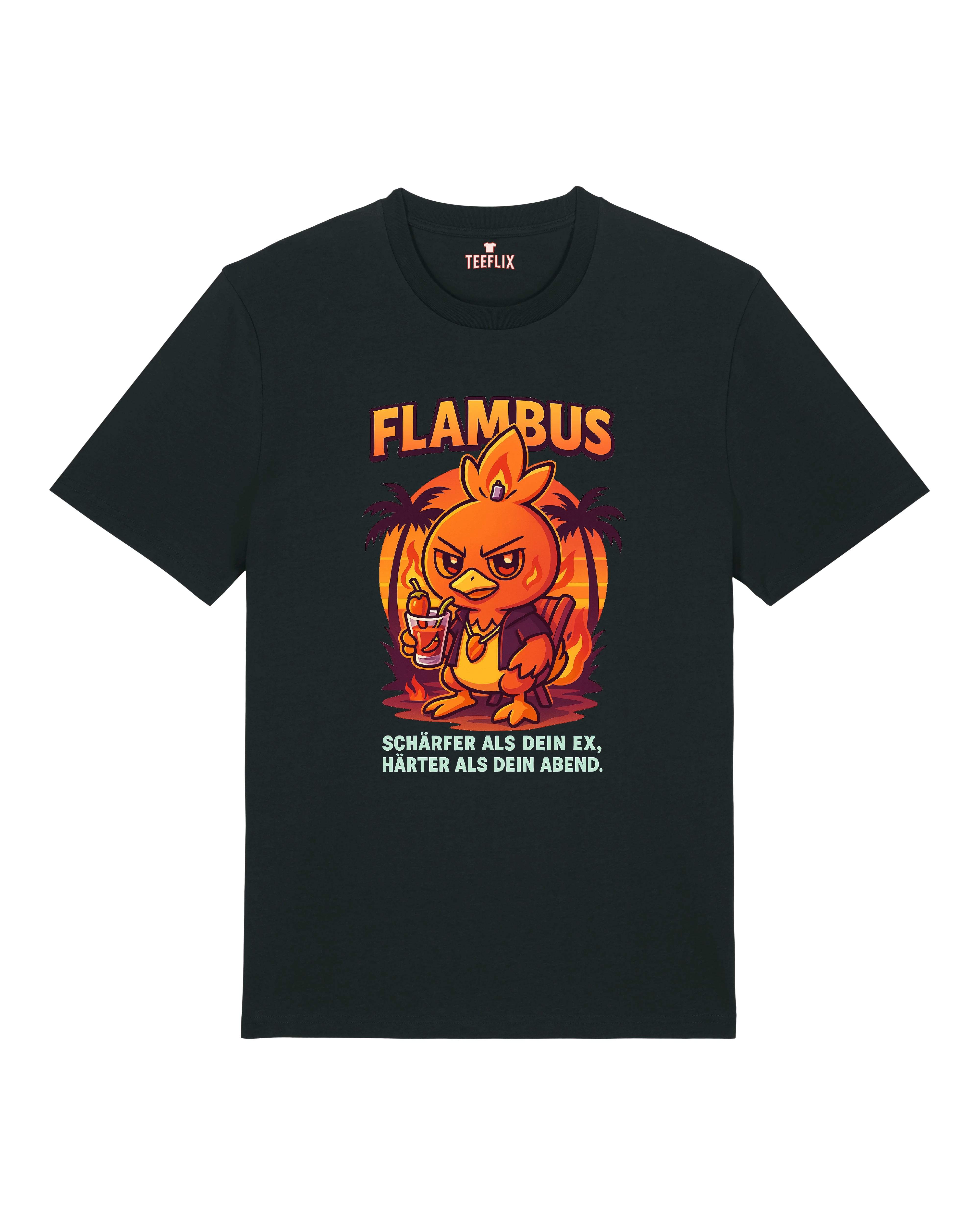 Cartoon-Hähnchen mit Flammen im Hintergrund, Cocktail in der Hand und Sonnenuntergangs-Vibe. Der Text darunter sorgt für doppelte Aufmerksamkeit.