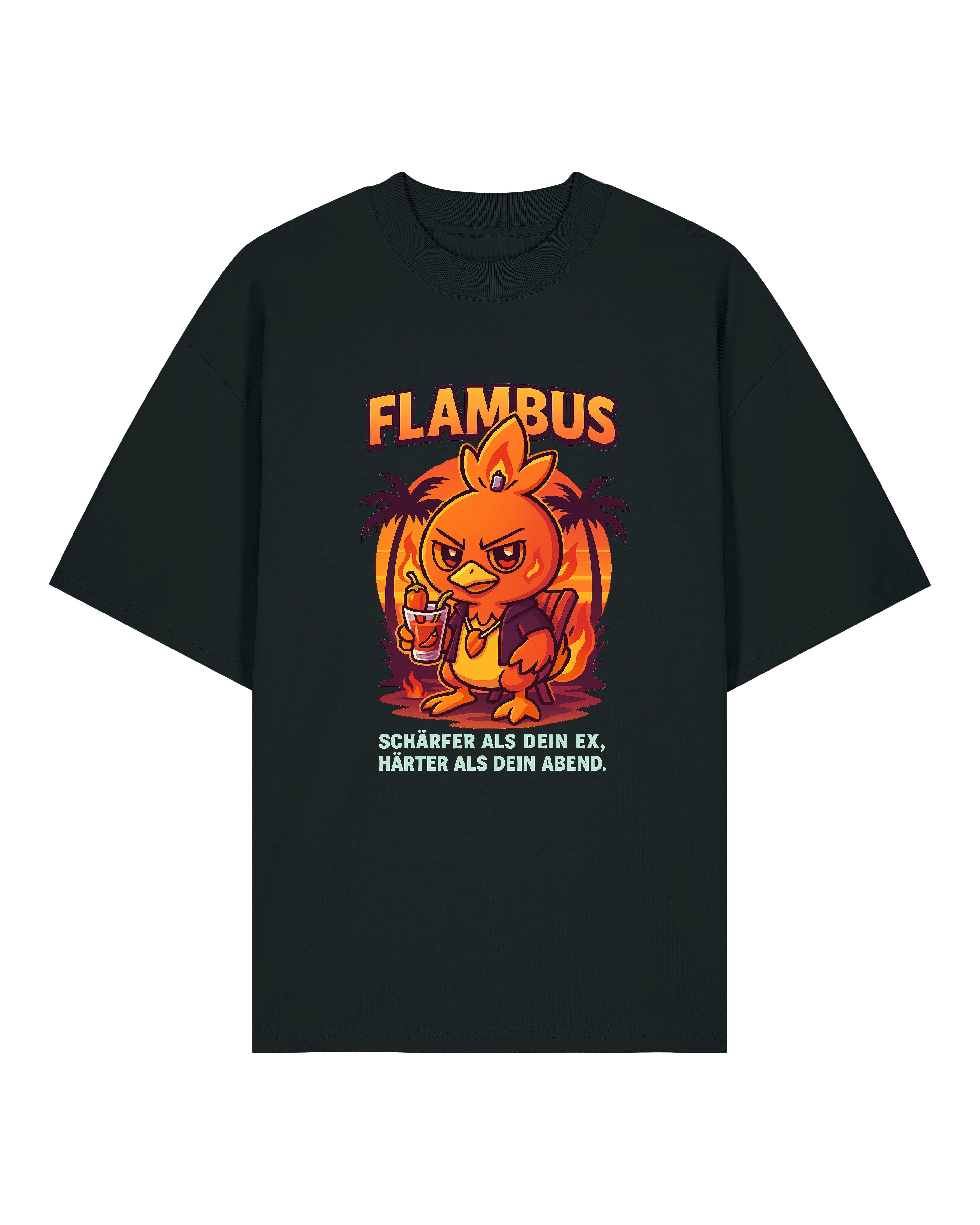 Cartoon-Hähnchen mit Flammen im Hintergrund, Cocktail in der Hand und Sonnenuntergangs-Vibe. Der Text darunter sorgt für doppelte Aufmerksamkeit.