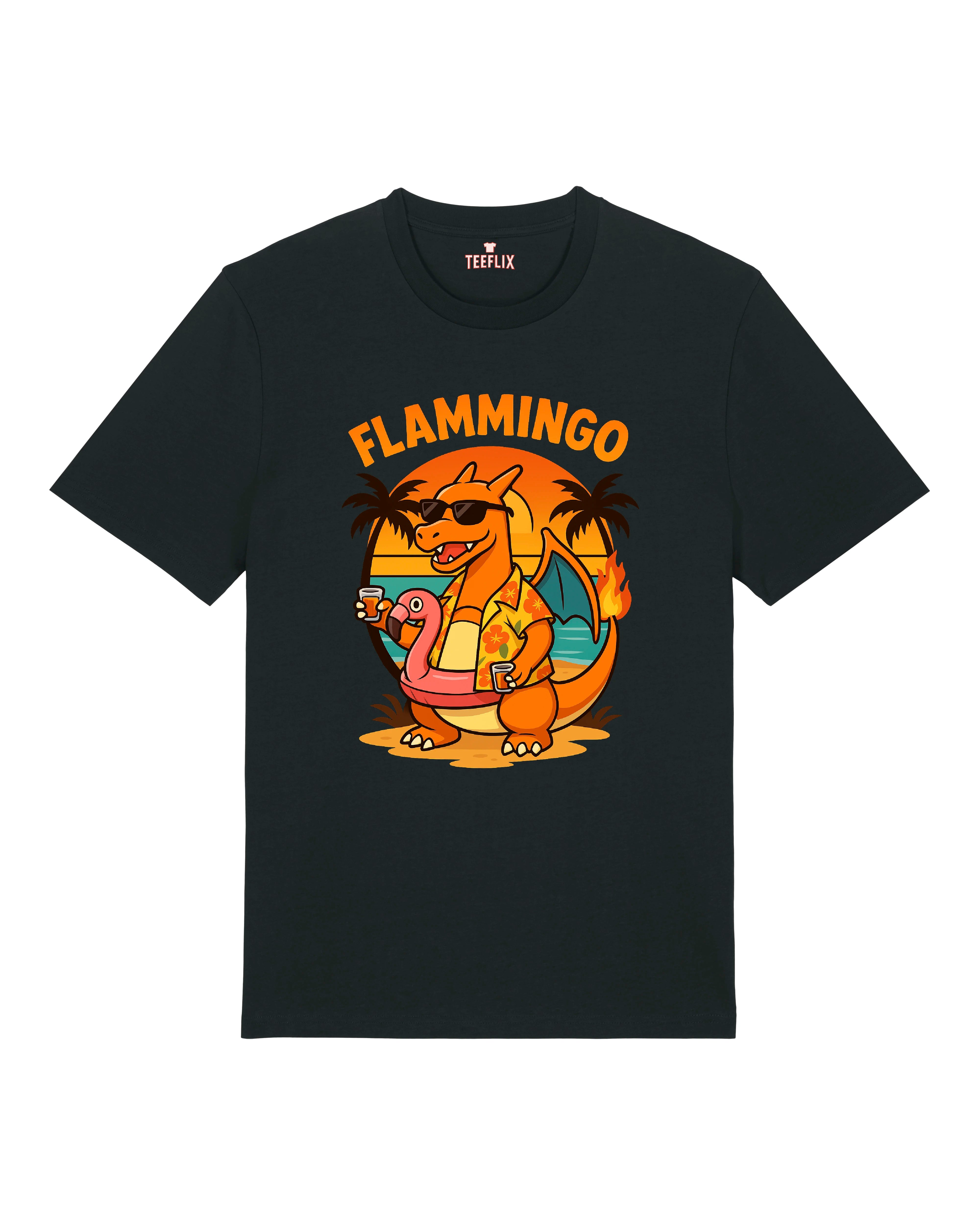 T-Shirt mit buntem „Flammingo“-Druck: Cartoon-Drachen mit Sonnenbrille, Flamingo-Badeinsel und Cocktail vor Sonnenuntergang.