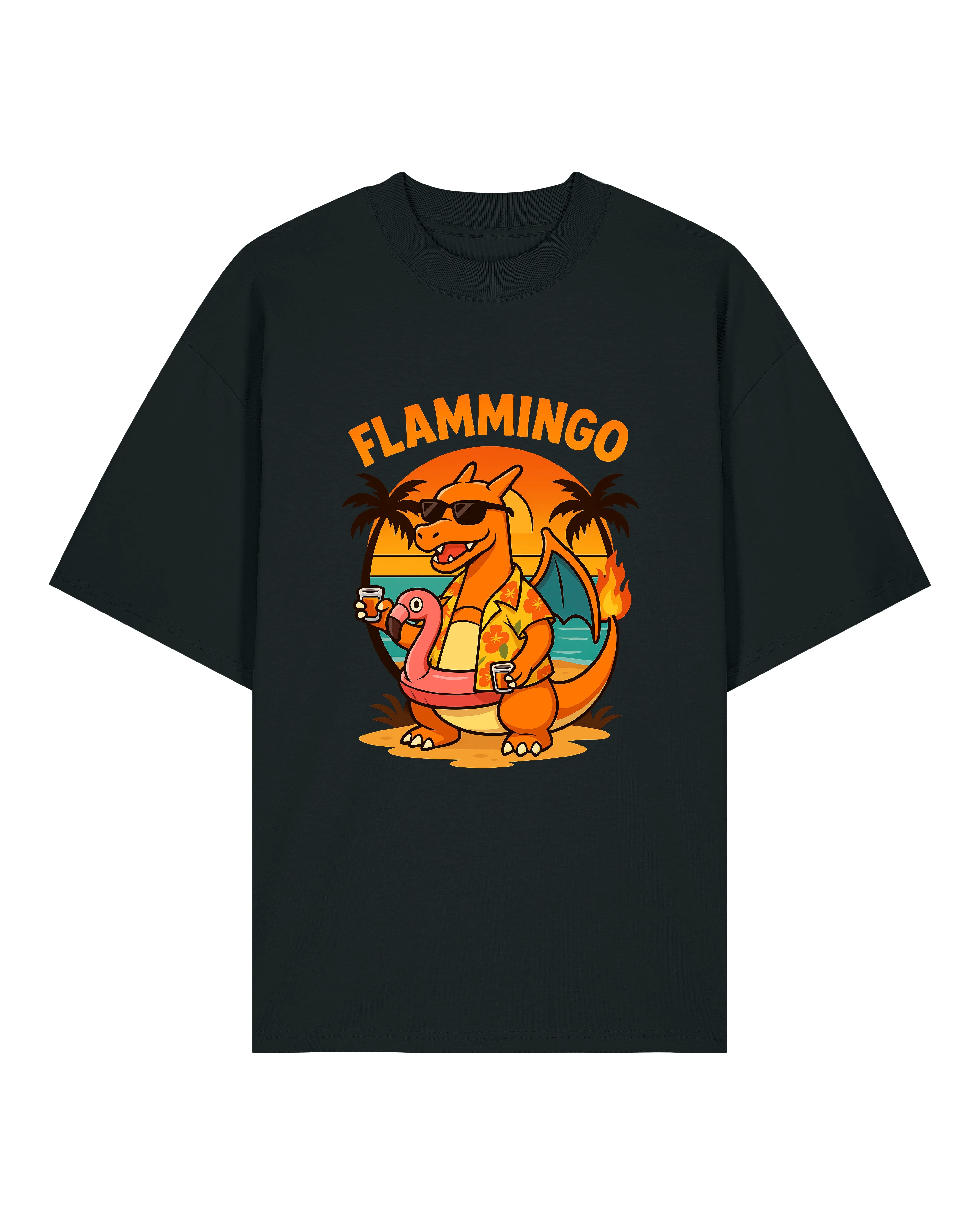 T-Shirt mit buntem „Flammingo“-Druck: Cartoon-Drachen mit Sonnenbrille, Flamingo-Badeinsel und Cocktail vor Sonnenuntergang.