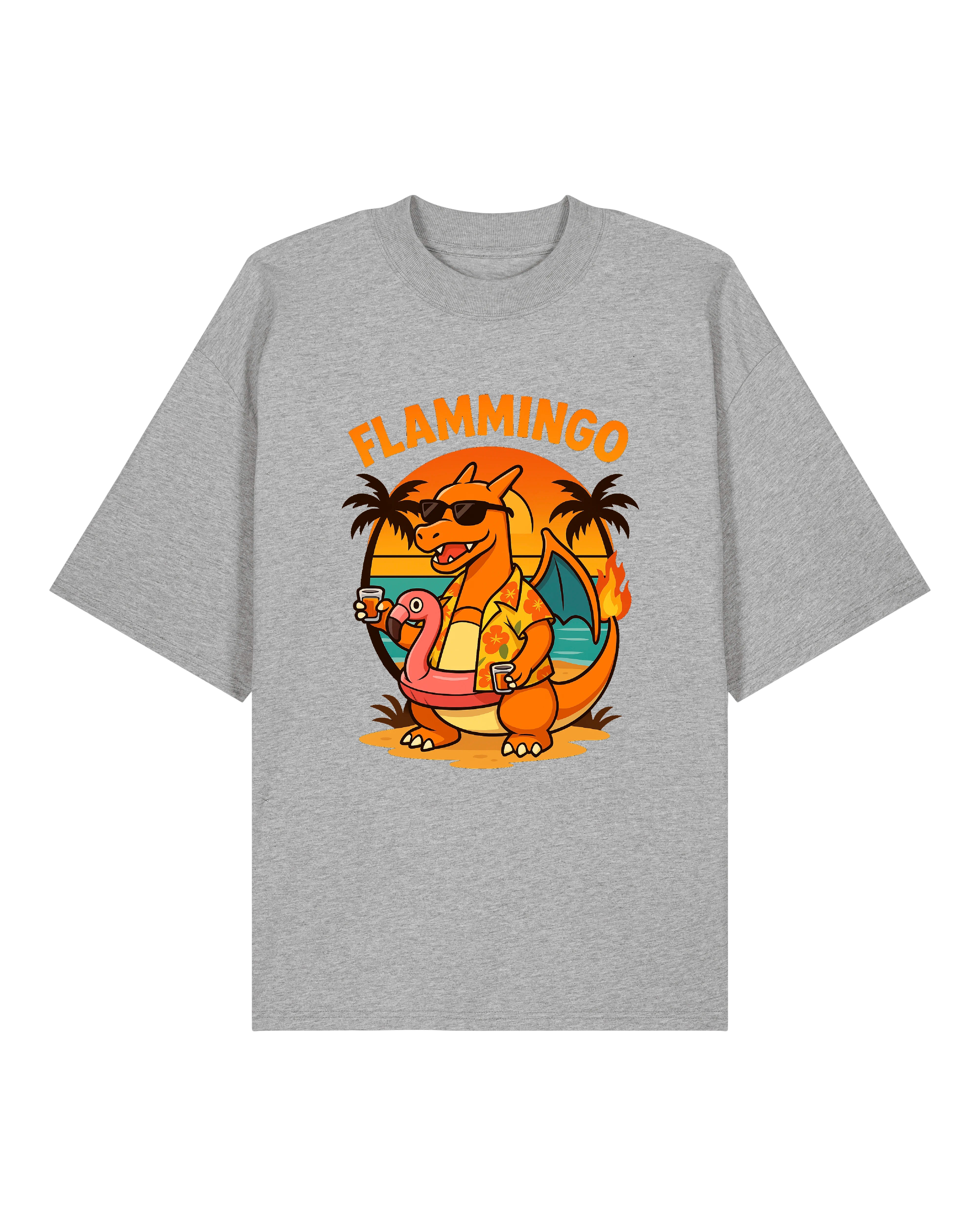 T-Shirt mit buntem „Flammingo“-Druck: Cartoon-Drachen mit Sonnenbrille, Flamingo-Badeinsel und Cocktail vor Sonnenuntergang.