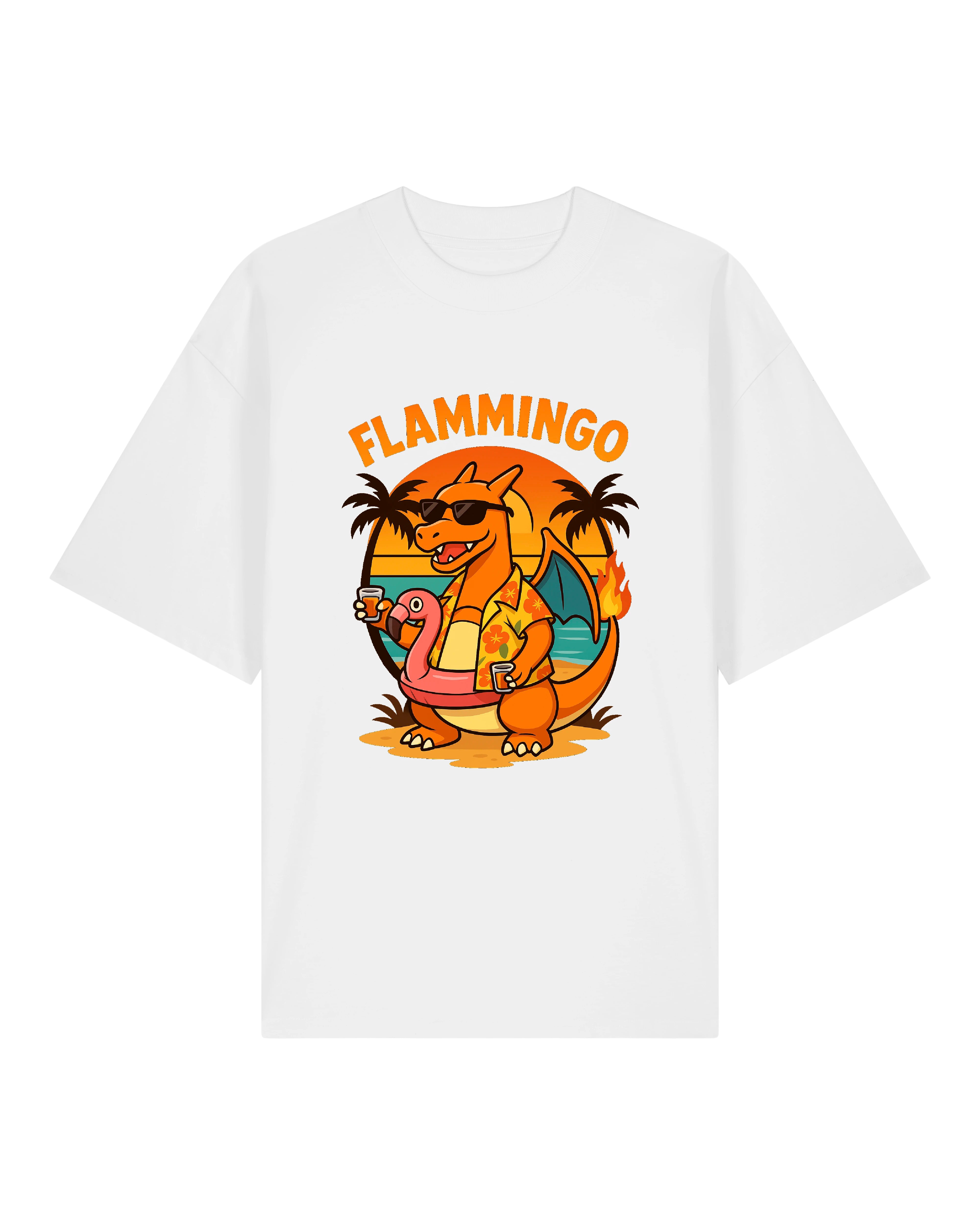T-Shirt mit buntem „Flammingo“-Druck: Cartoon-Drachen mit Sonnenbrille, Flamingo-Badeinsel und Cocktail vor Sonnenuntergang.