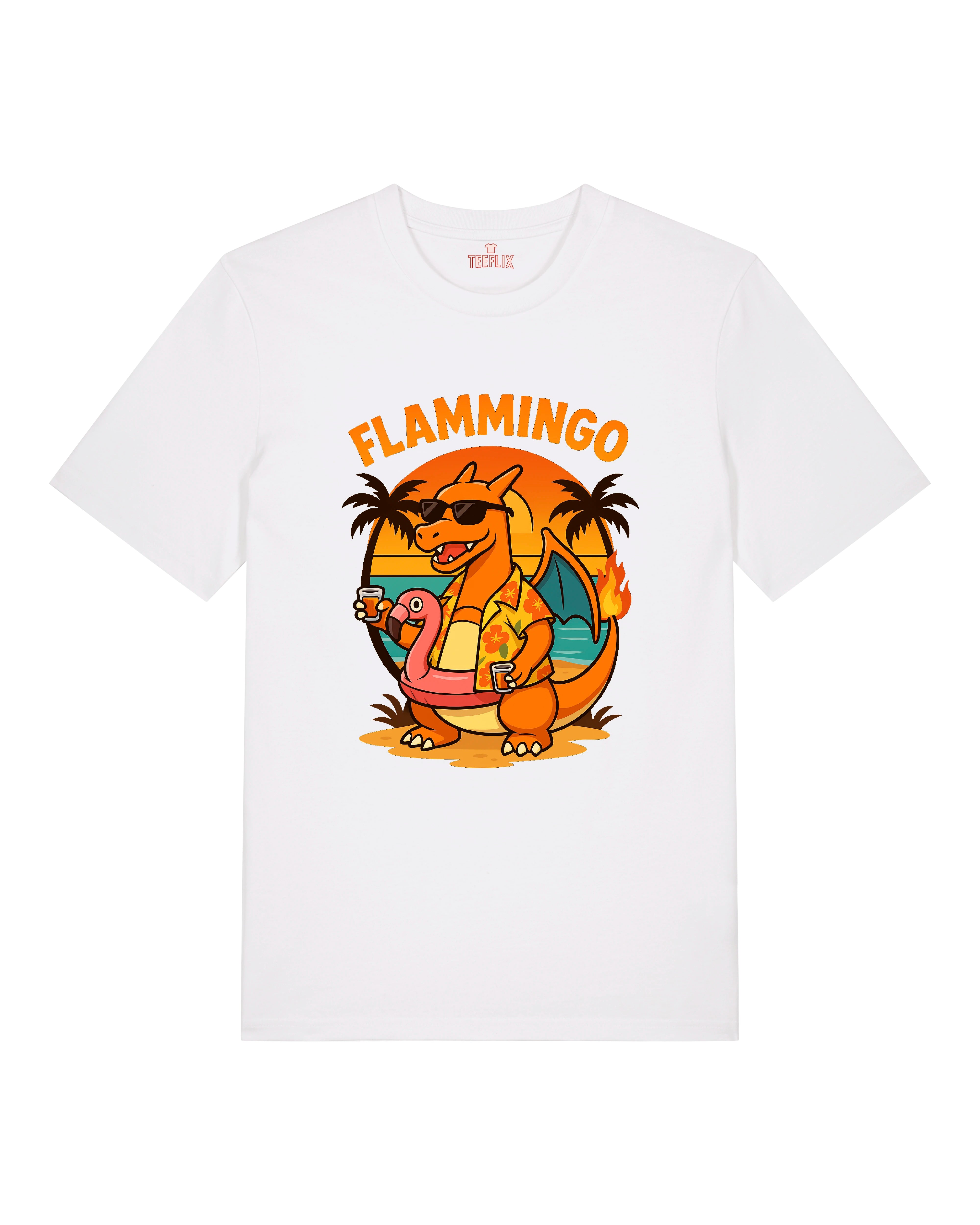 T-Shirt mit buntem „Flammingo“-Druck: Cartoon-Drachen mit Sonnenbrille, Flamingo-Badeinsel und Cocktail vor Sonnenuntergang.
