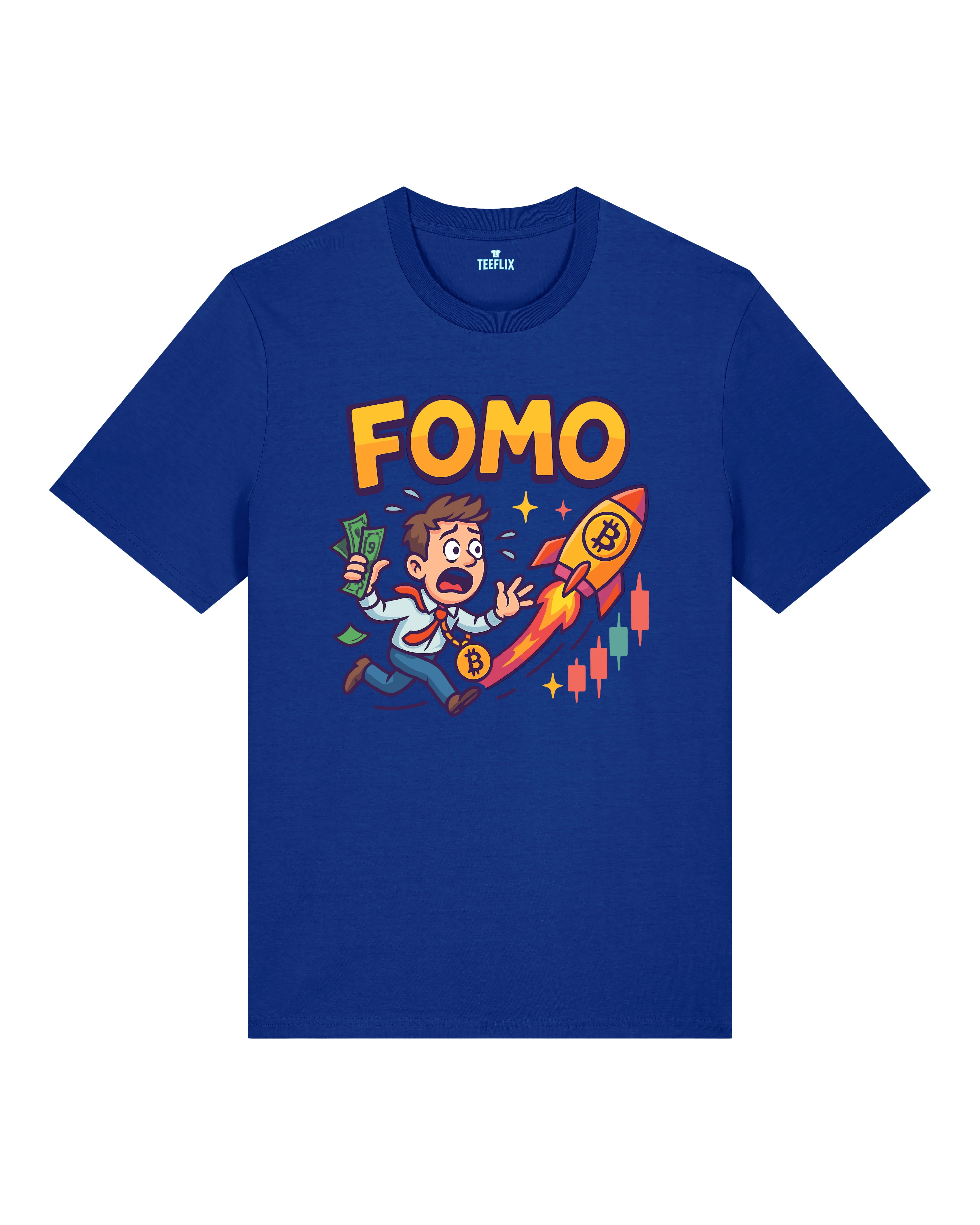 FOMO Bitcoin Rocket Crypto Shirt Blau – Lustiges Teeflix Bitcoin Rocket Meme Shirt