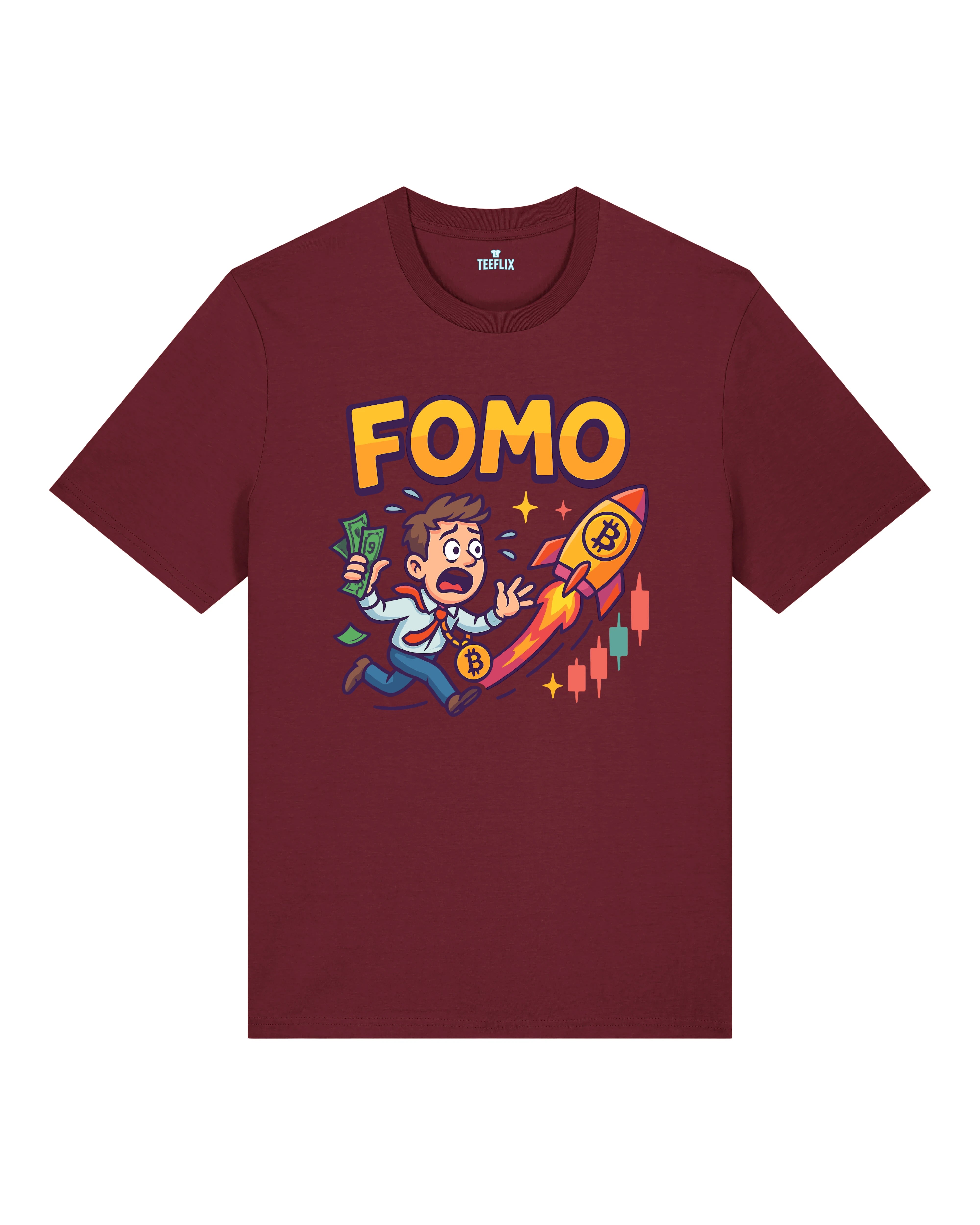 FOMO Bitcoin Rocket Crypto Shirt Bordeaux – Teeflix Lustiges Crypto Trader Shirt