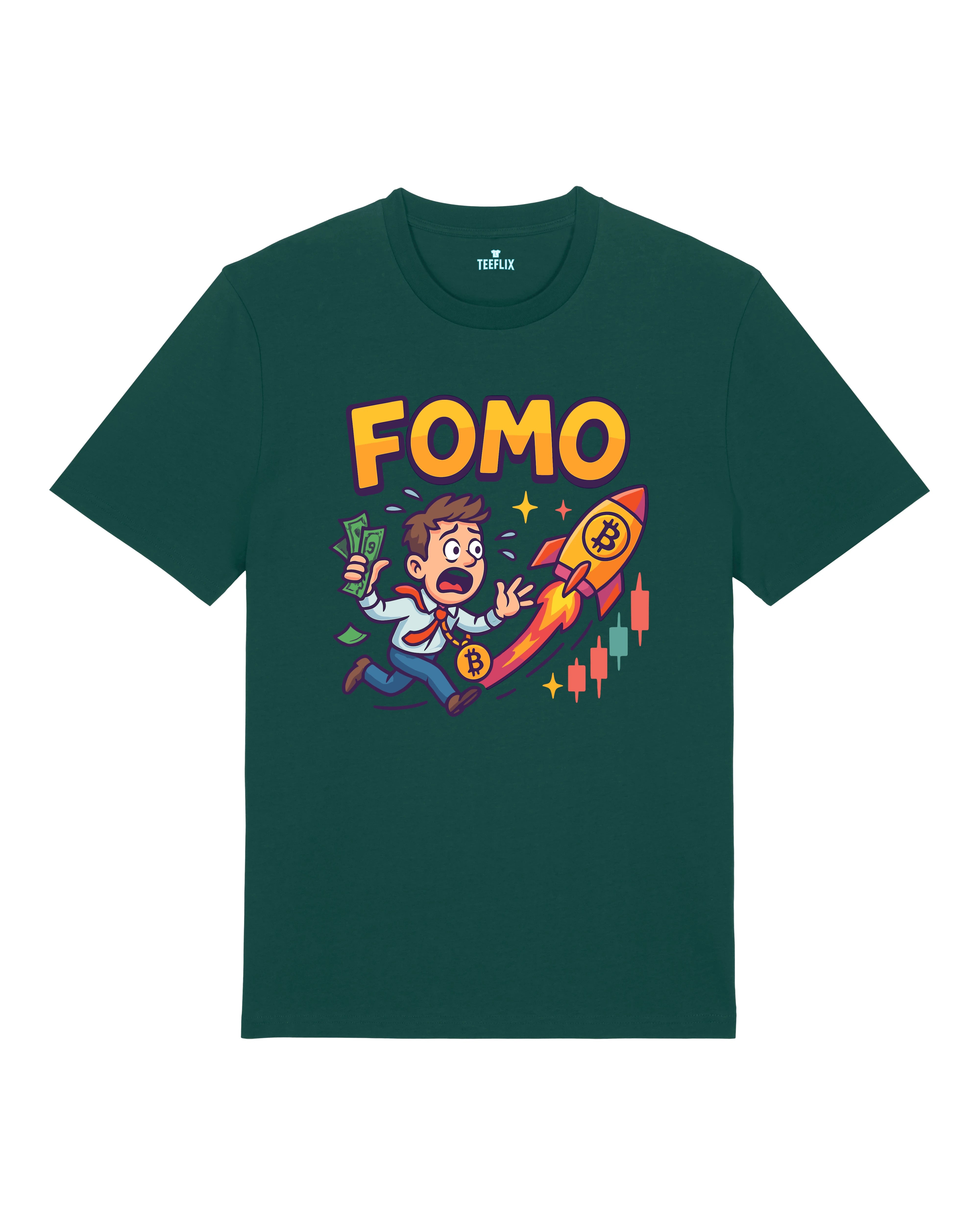 FOMO Bitcoin Rocket Crypto Shirt Dunkelgrün – Teeflix Lustiges Crypto Trading Meme Shirt