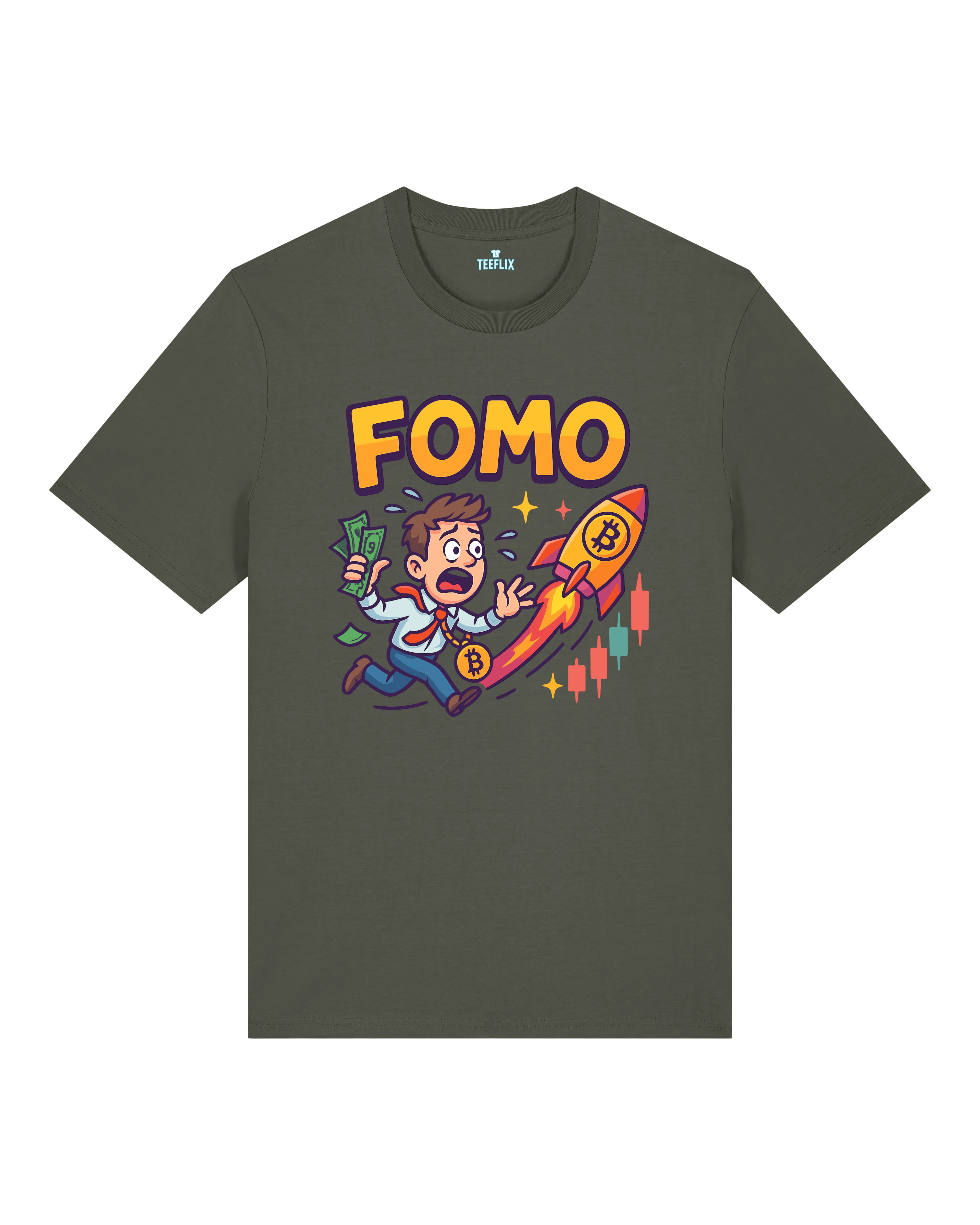 FOMO Bitcoin Rocket Crypto Shirt Oliv – Teeflix Bitcoin Meme Trading Shirt