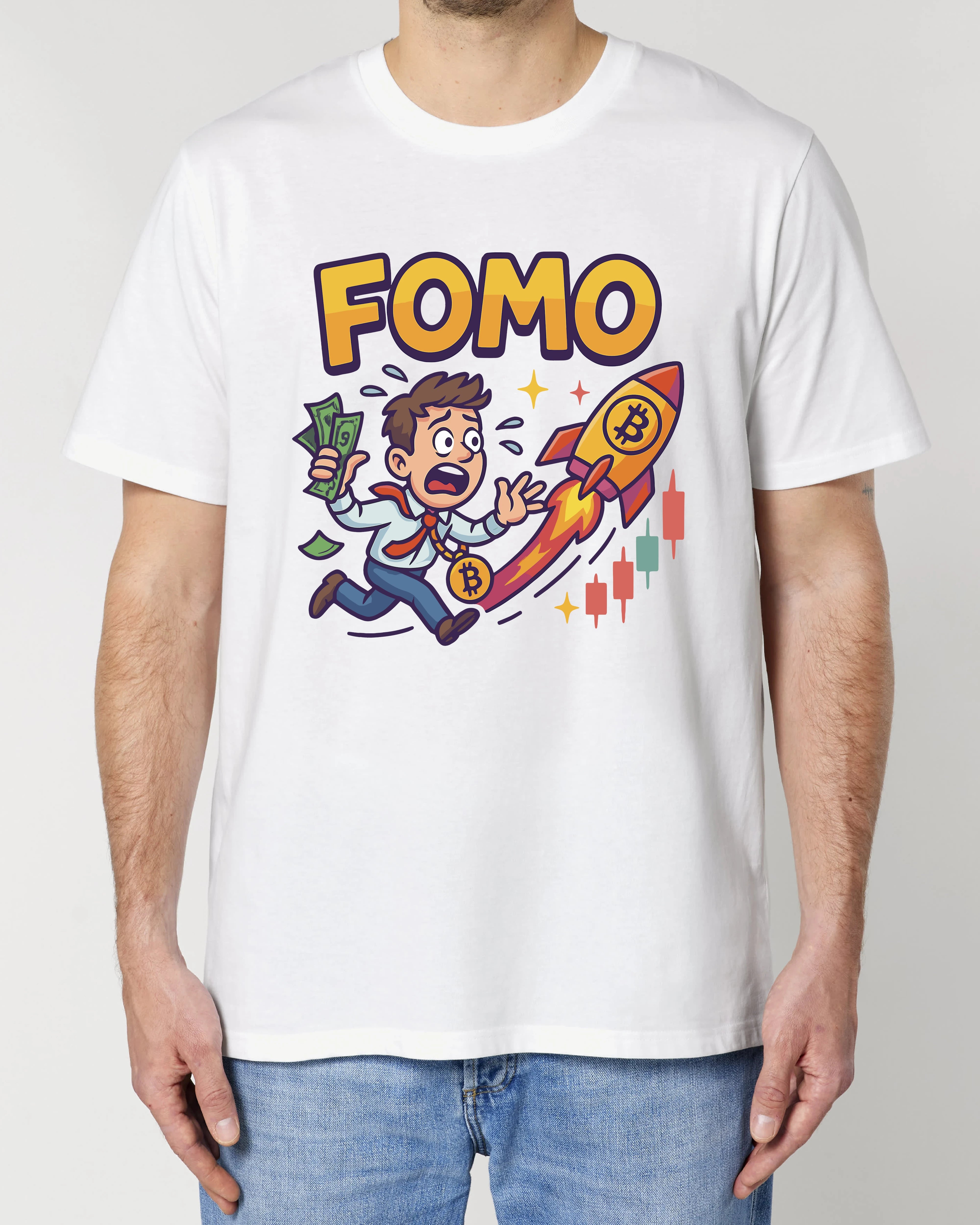 FOMO Bitcoin Rocket Crypto Shirt Weiß – Lustiges Bitcoin Trading Meme T-Shirt von Teeflix
