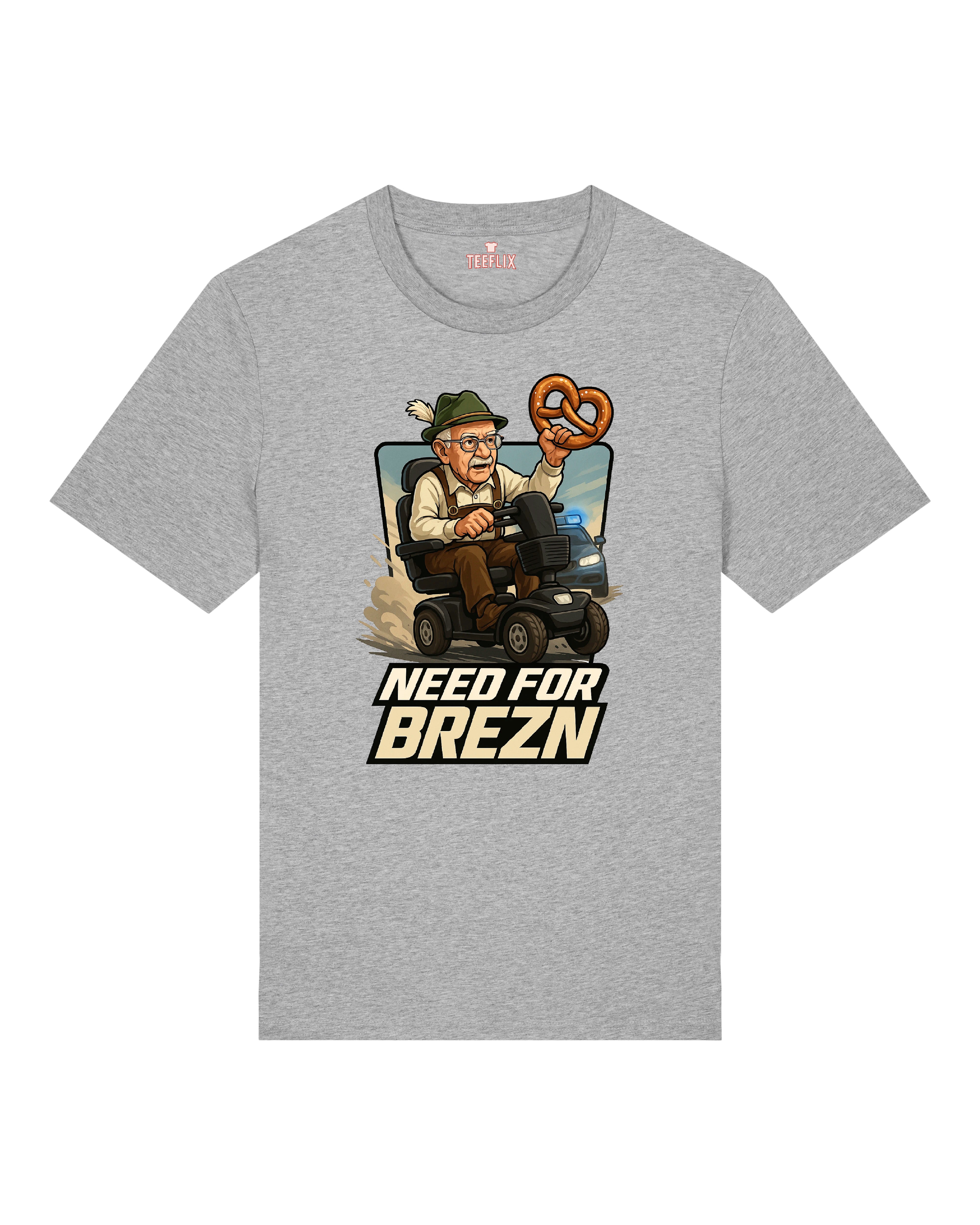 Das T-Shirt zeigt einen älteren Mann im Trachtenhut, der entschlossen auf einem E-Mobil davonrast. In der einen Hand hält er triumphierend eine große Brezel, während im Hintergrund ein Polizeiwagen auftaucht. Der Spruch „Need for Brezn“ in markanter Schrift parodiert den bekannten Filmtitel und sorgt für sofortigen Lacher. Ein echtes Highlight für alle, die bayerischen Humor und deftige Brotzeiten lieben.