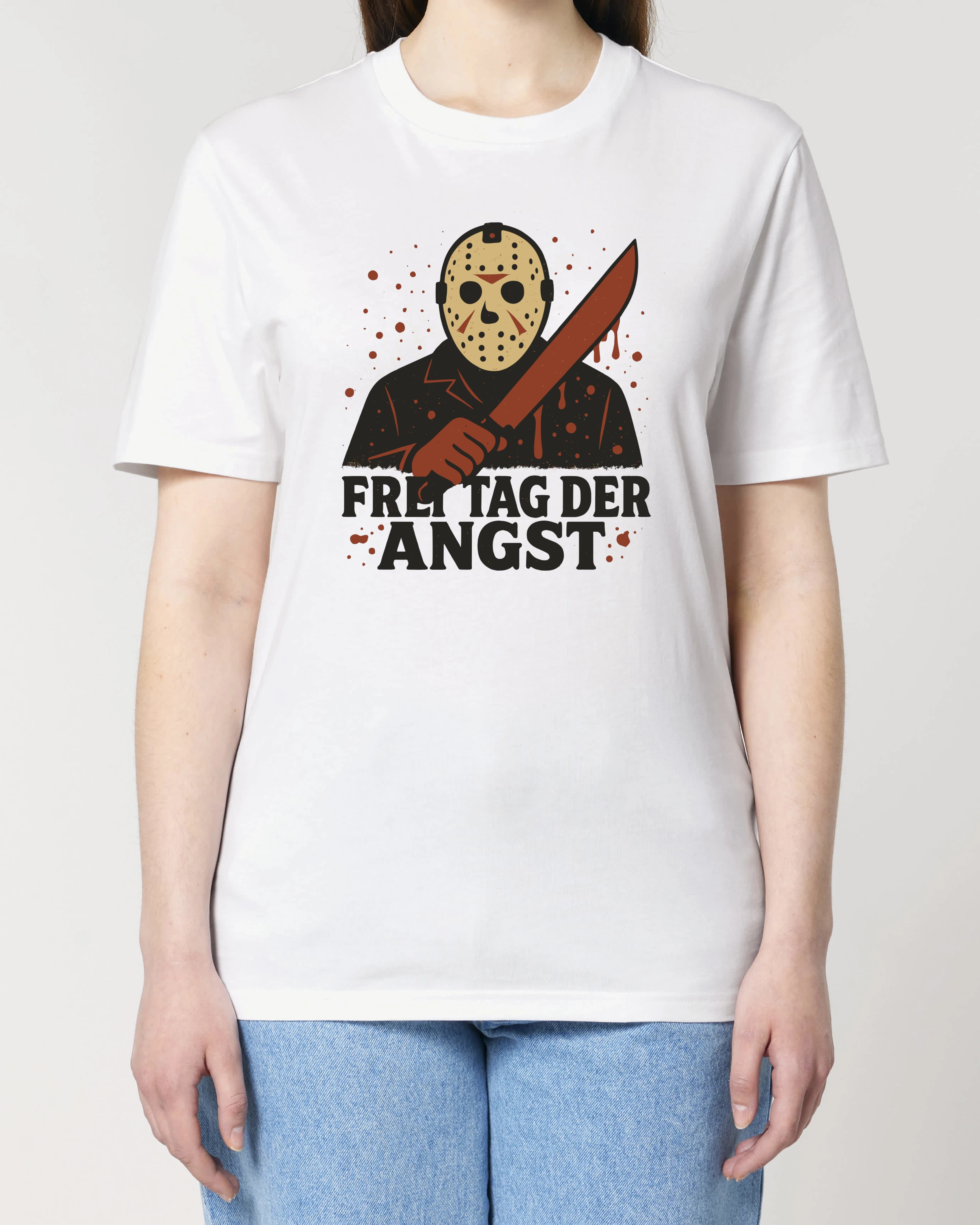 Damen T-Shirt Halloween Weiß mit Slasher Figur und Maske – Gruseliges Horror Motiv