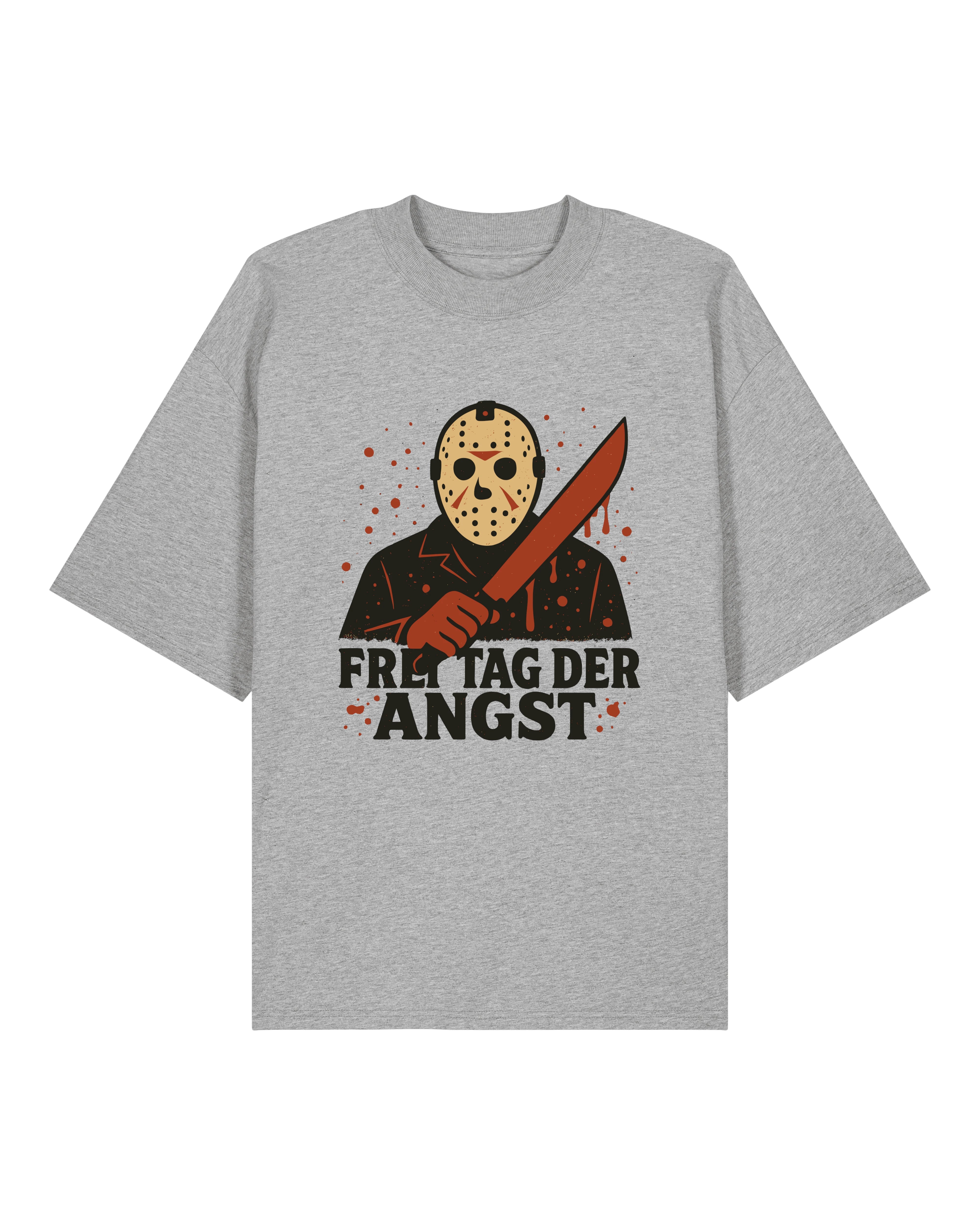 Oversized T-Shirt Grau für Halloween – Lustiges Horror Design mit Maske und Machete