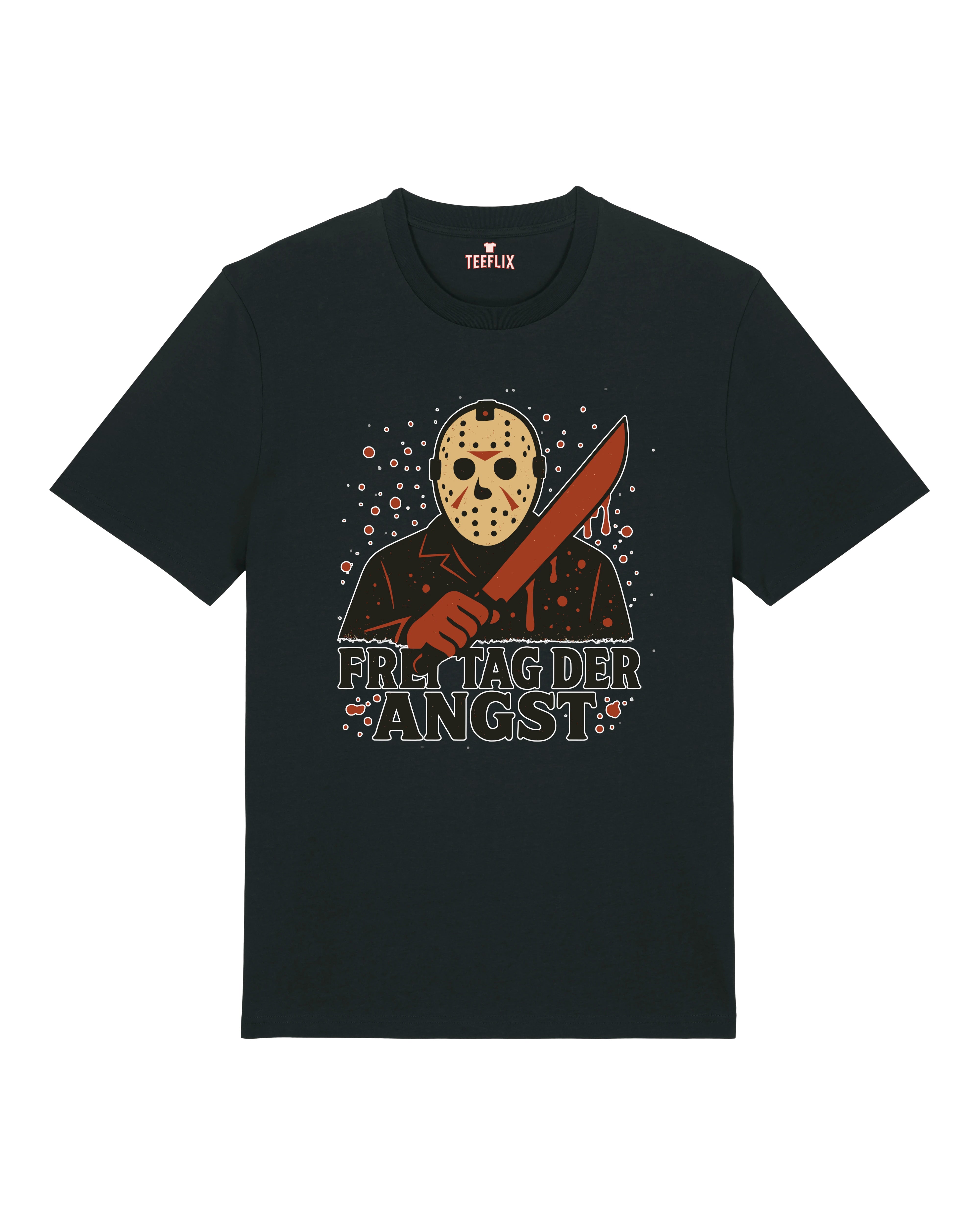 Schwarzes Horror T-Shirt mit blutigem Slasher Motiv – Freitag der Angst Halloween Shirt