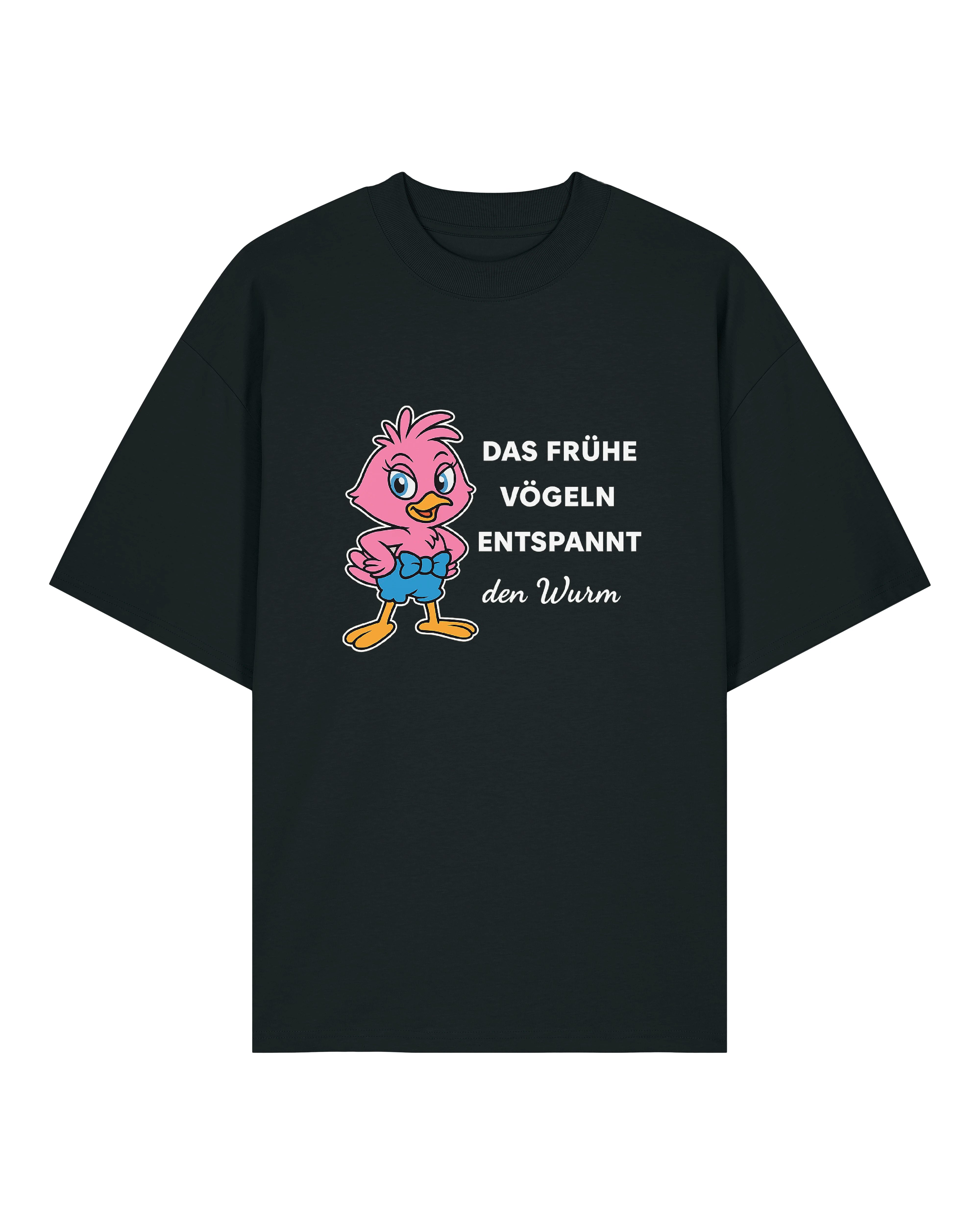 Schwarzes T-Shirt mit rosa Vogel und Spruch "Das frühe Vögeln"