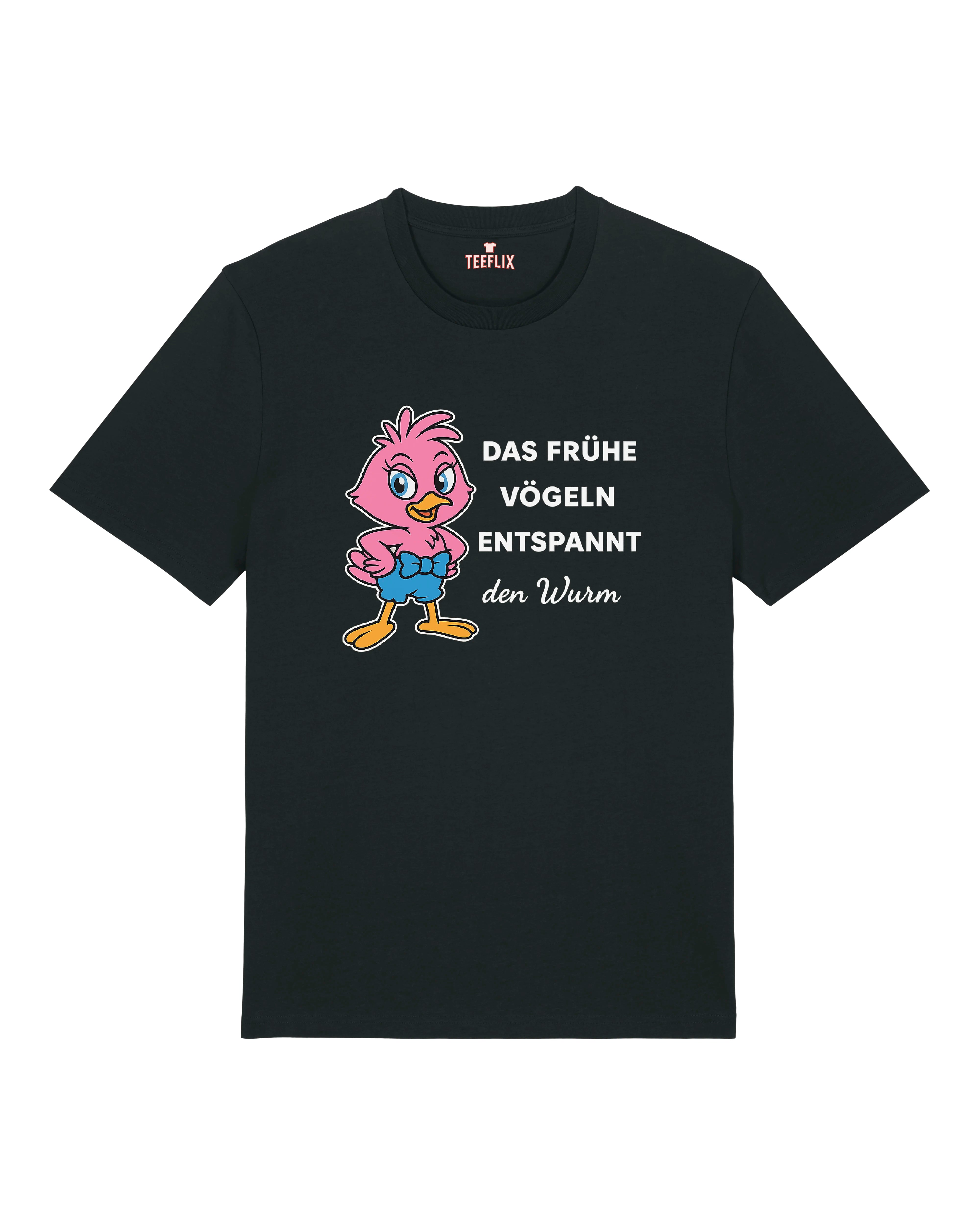 Schwarzes T-Shirt mit rosa Vogel und Spruch "Das frühe Vögeln"