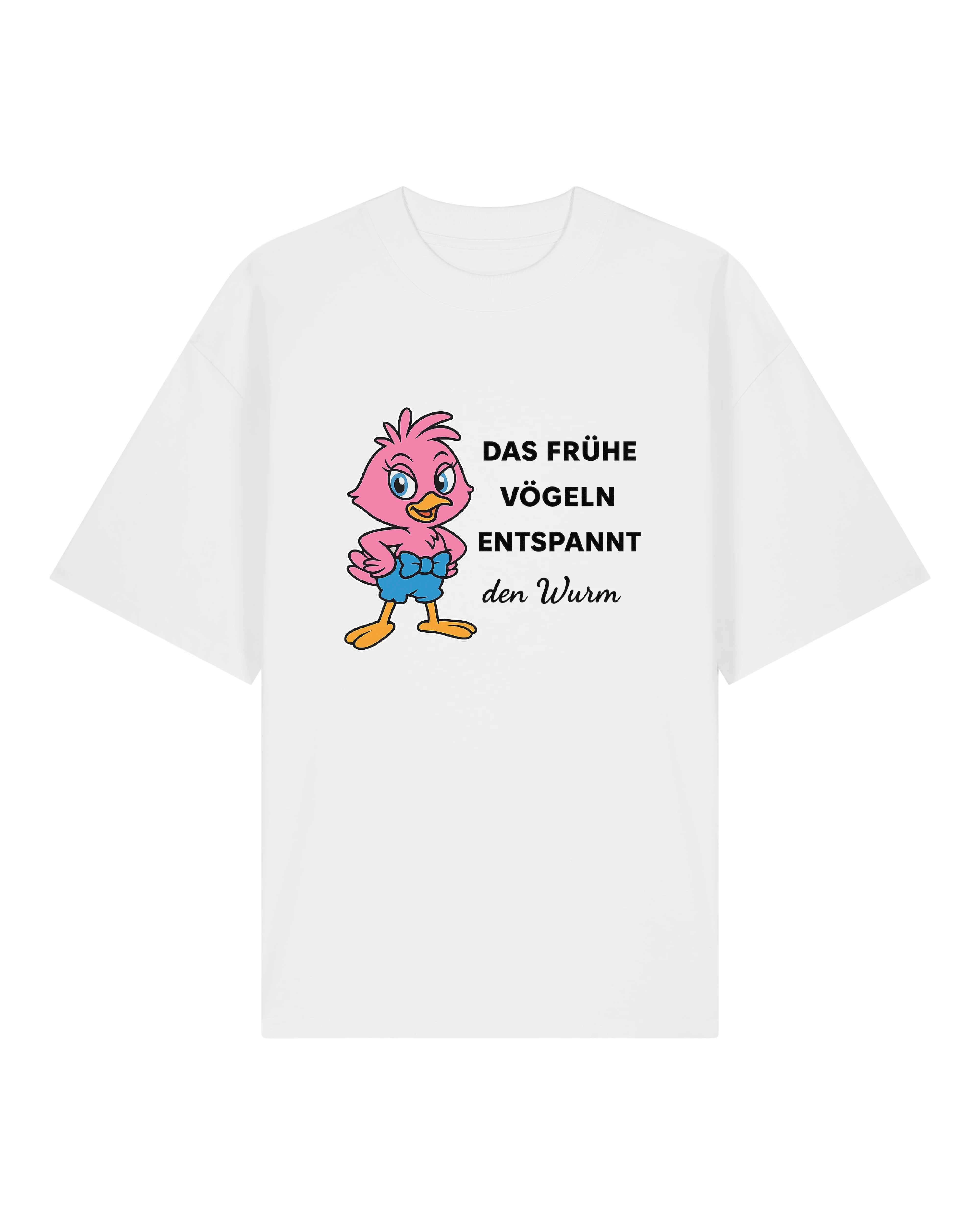 Weißes Shirt mit pinkem Vogel & Aufdruck „Das frühe Vögeln“