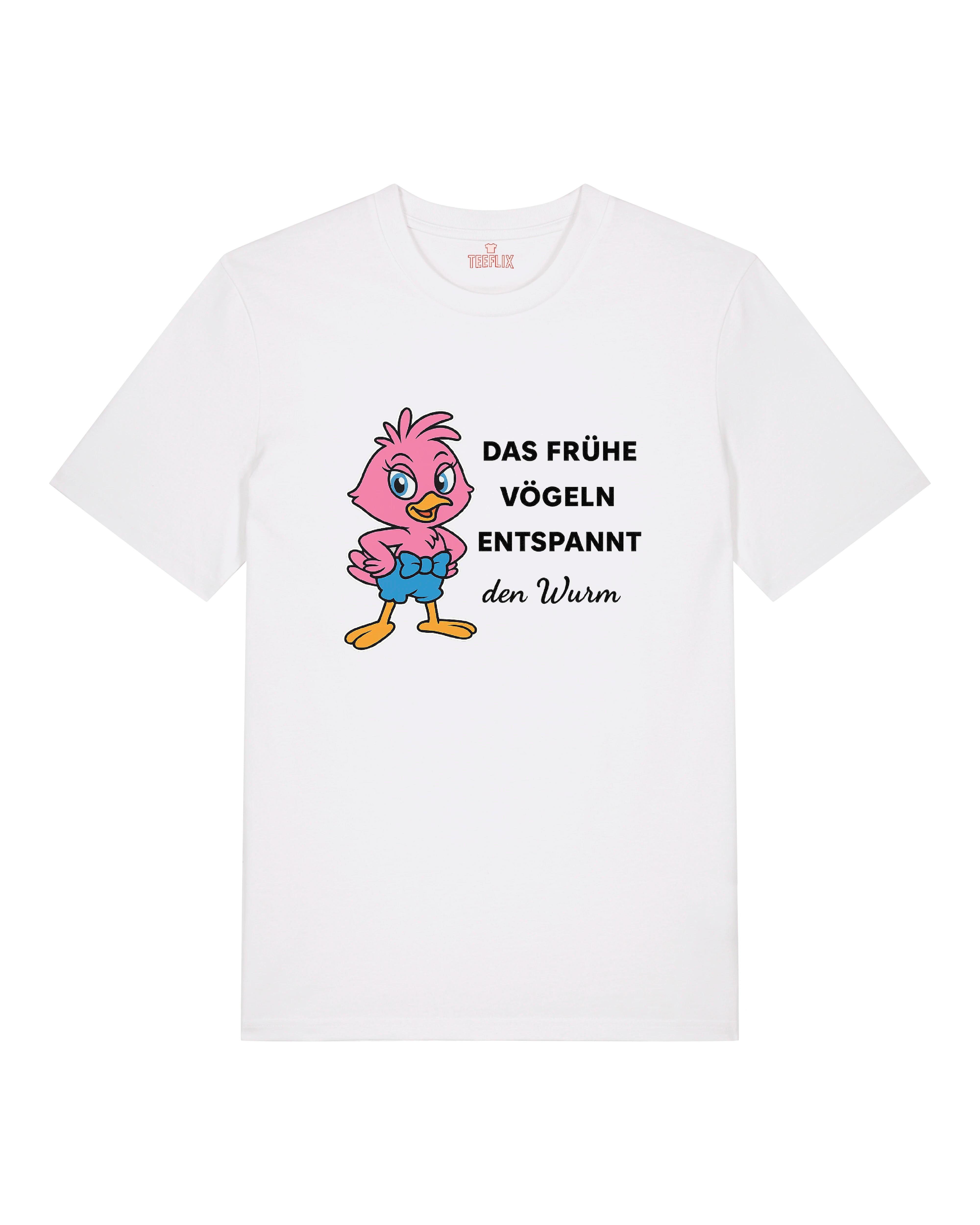 Weißes Shirt mit pinkem Vogel & Aufdruck „Das frühe Vögeln“