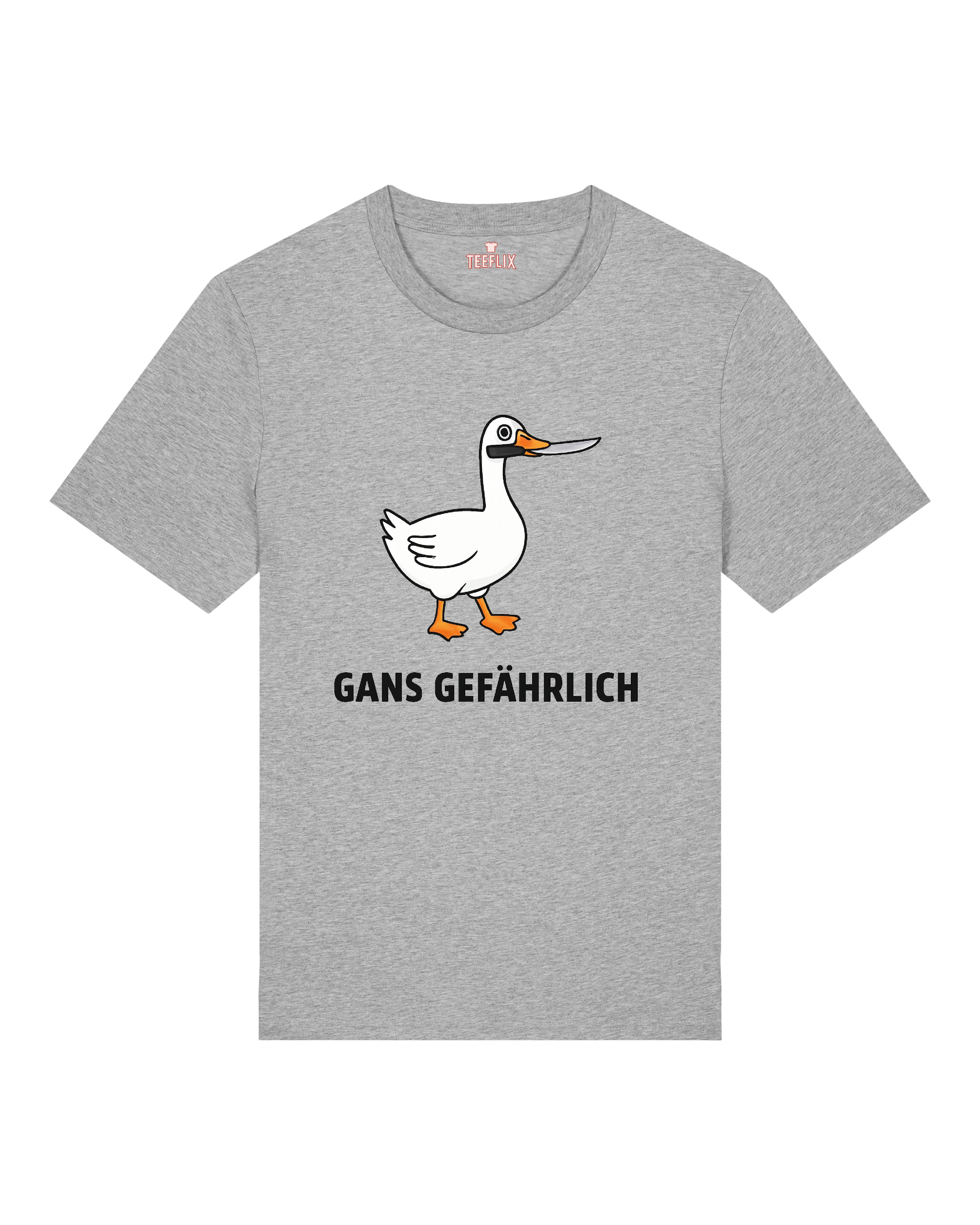 GANS GEFÄHRLICH T-Shirt mit lustiger Gans und Messer Motiv. Witziges Meme Shirt in Schwarz, Weiß und Grau.