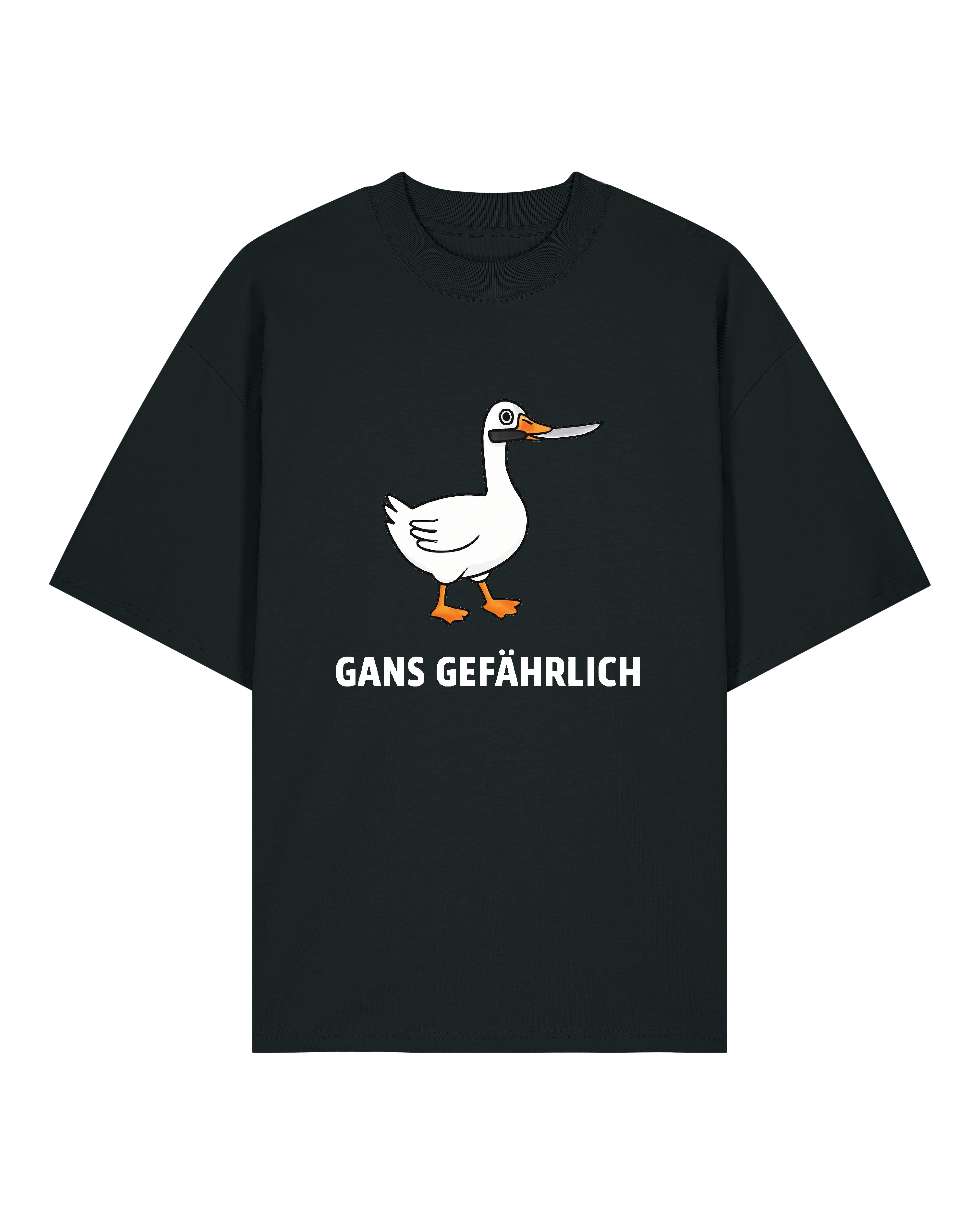 GANS GEFÄHRLICH T-Shirt mit lustiger Gans und Messer Motiv. Witziges Meme Shirt in Schwarz, Weiß und Grau.