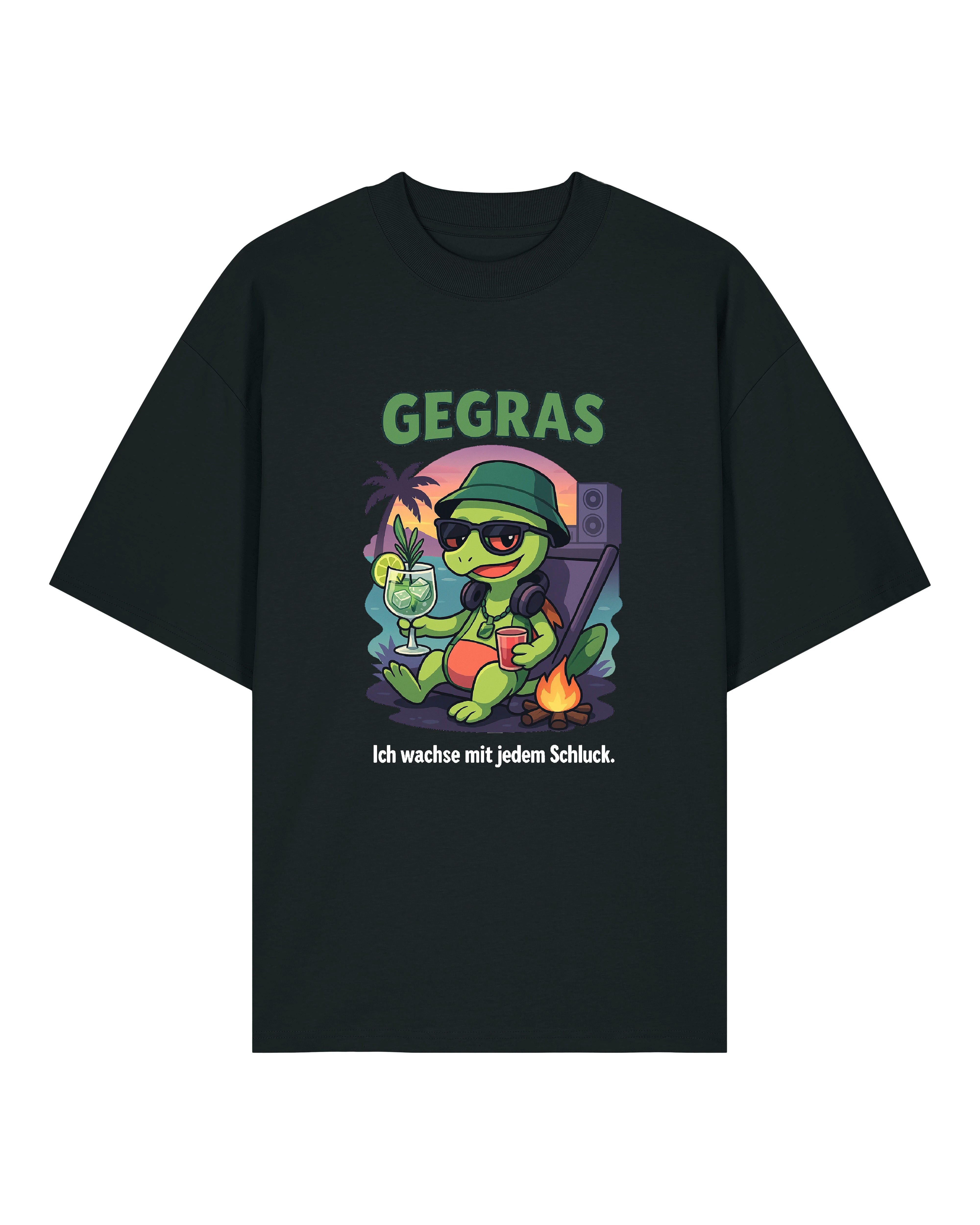Schwarzes Gegras T-Shirt mit entspannter Schildkröte und Spruch "Ich wachse mit jedem Schluck"