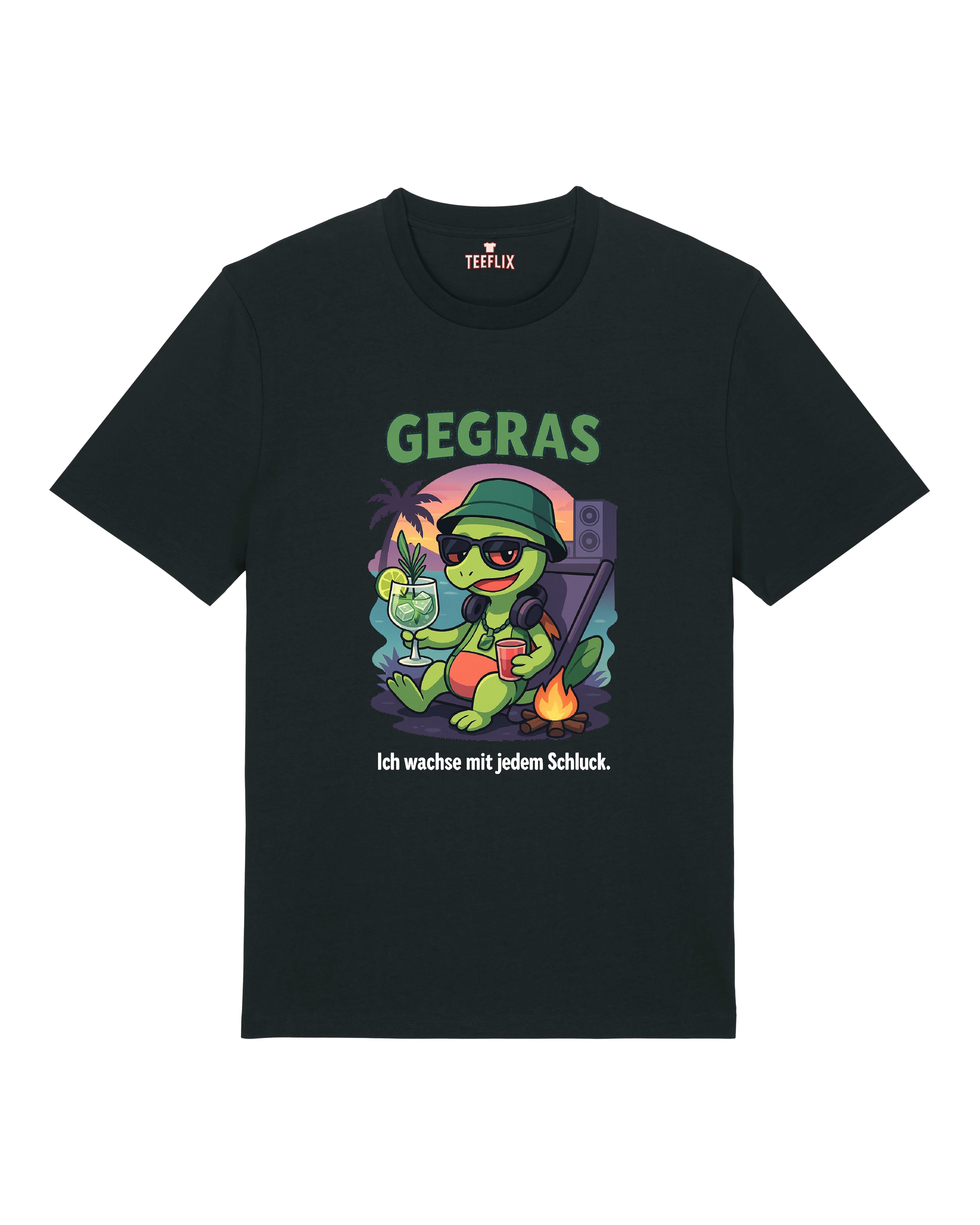 Schwarzes Gegras T-Shirt mit entspannter Schildkröte und Spruch "Ich wachse mit jedem Schluck"