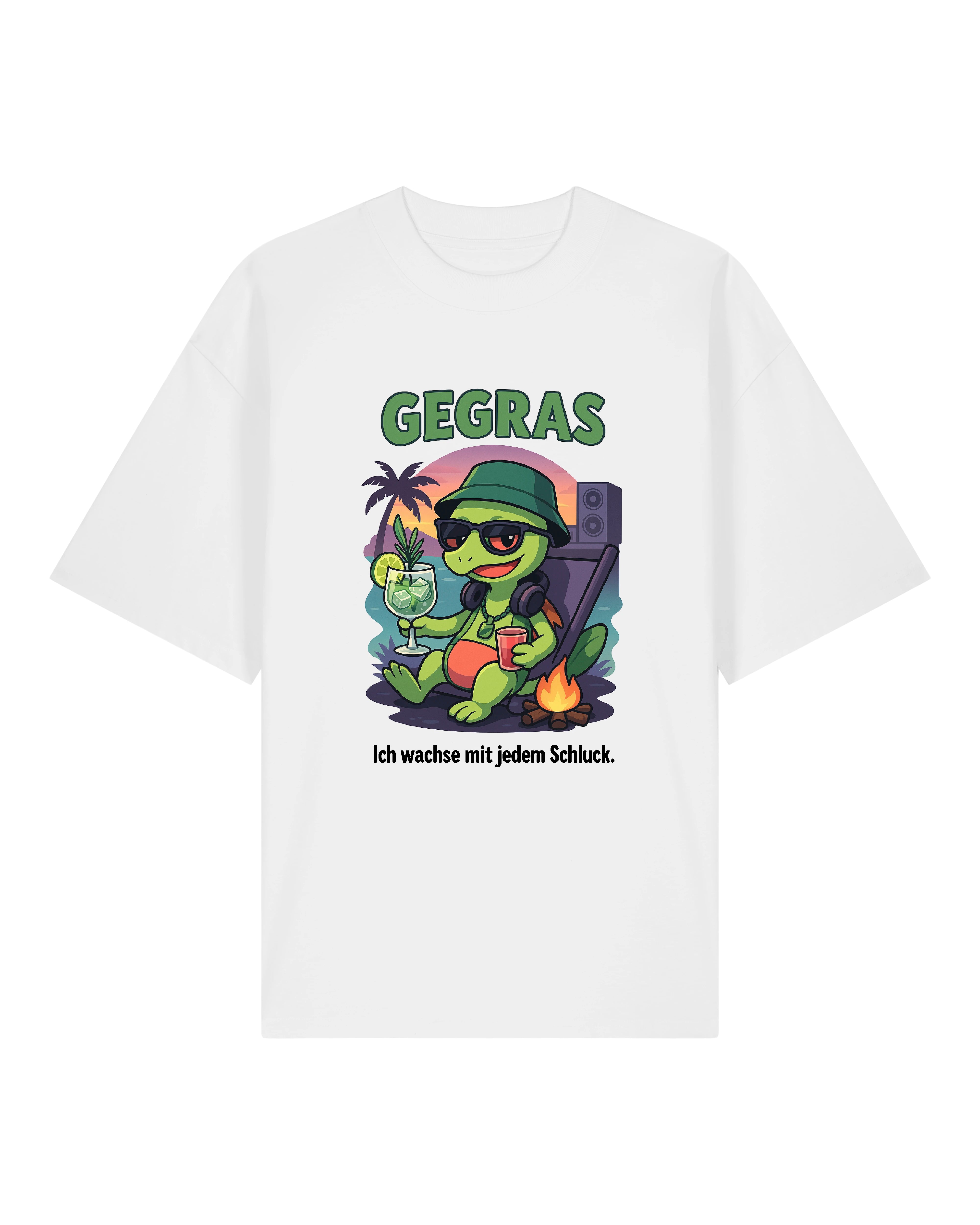 Weißes Gegras Funshirt mit lässigem Schildkröten-Design und Spruch