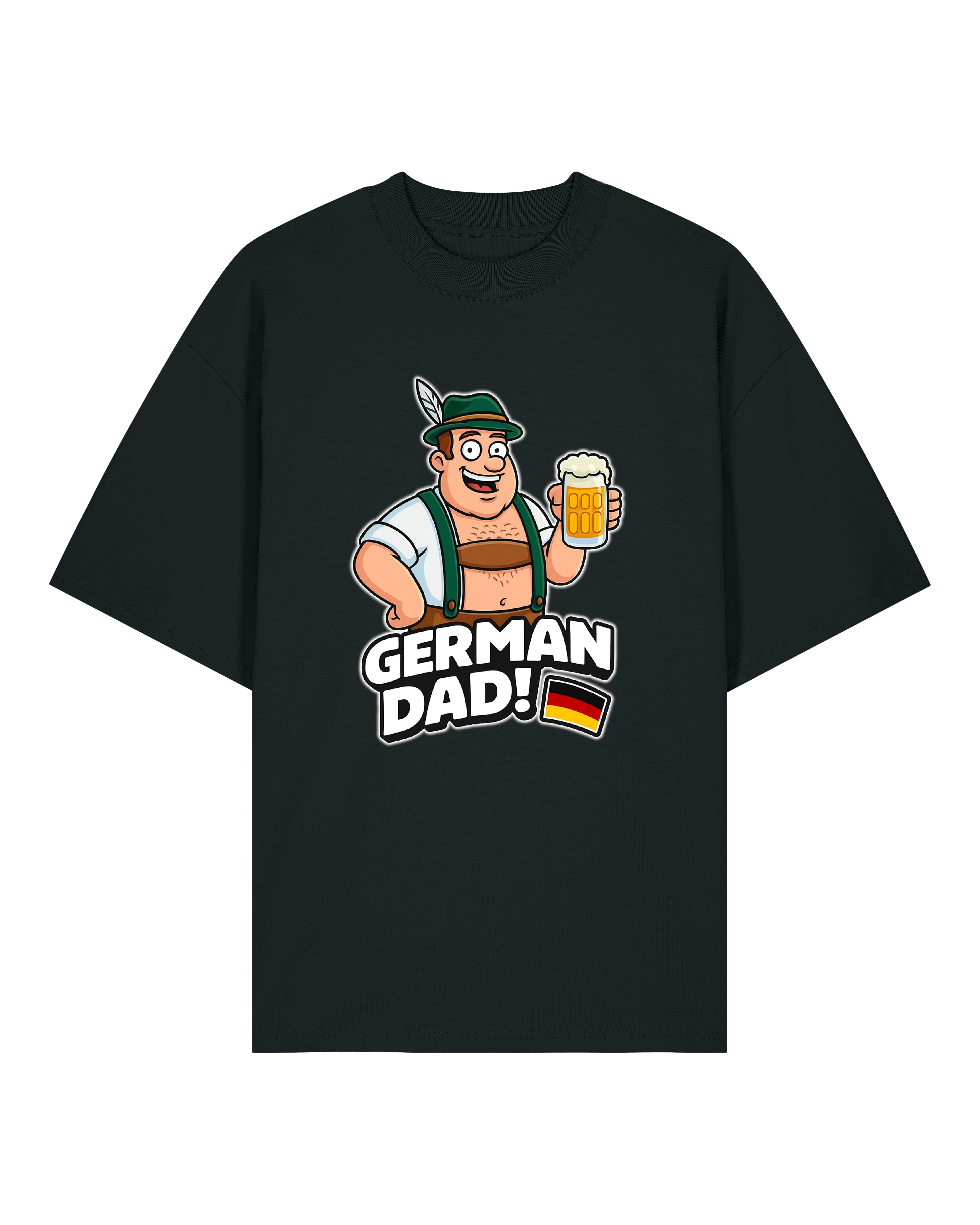 „Schwarzes T-Shirt mit Cartoon-Mann in Lederhosen und Bierkrug, Text ‚German Dad!‘ darunter mit deutscher Flagge.“