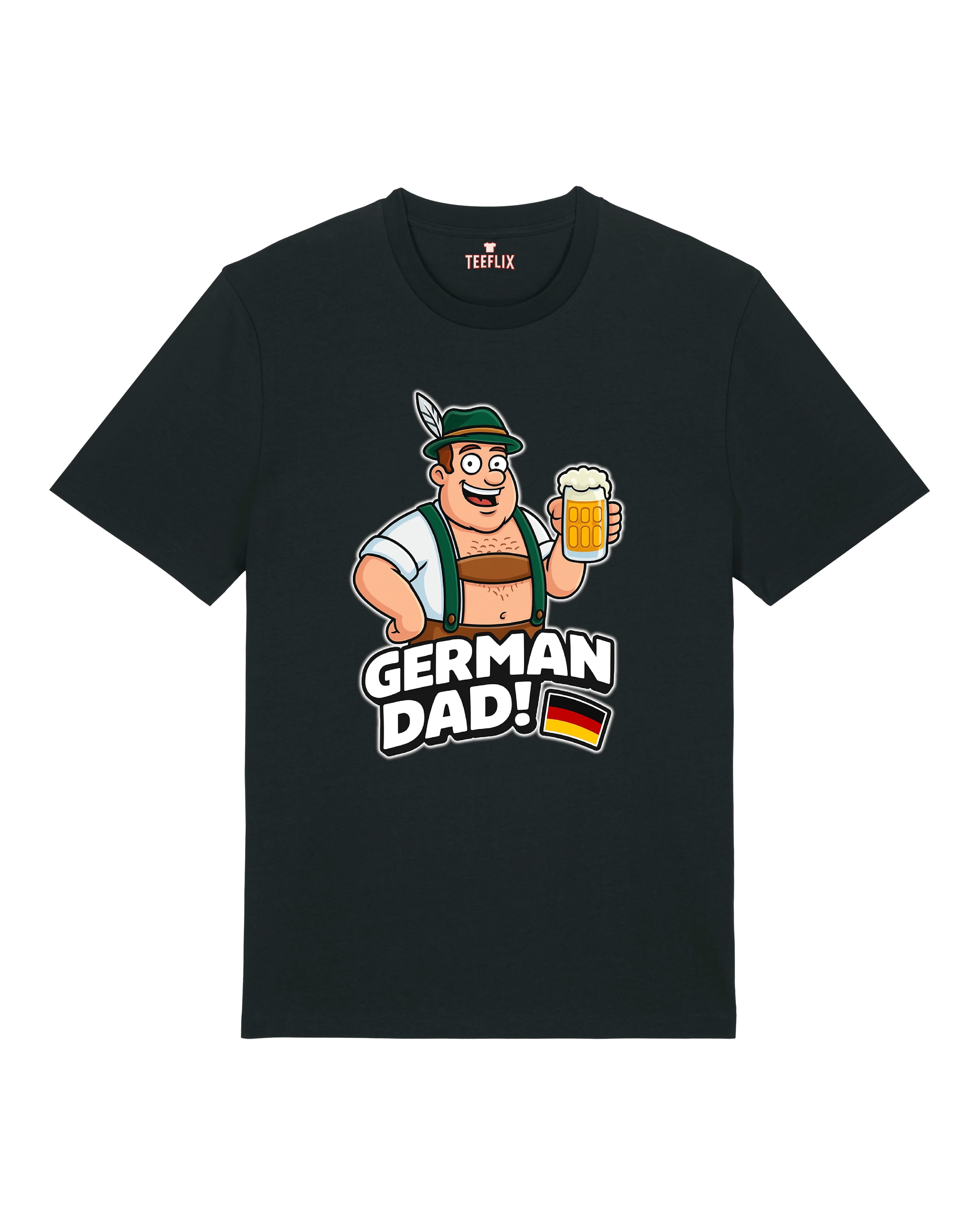 „Schwarzes T-Shirt mit Cartoon-Mann in Lederhosen und Bierkrug, Text ‚German Dad!‘ darunter mit deutscher Flagge.