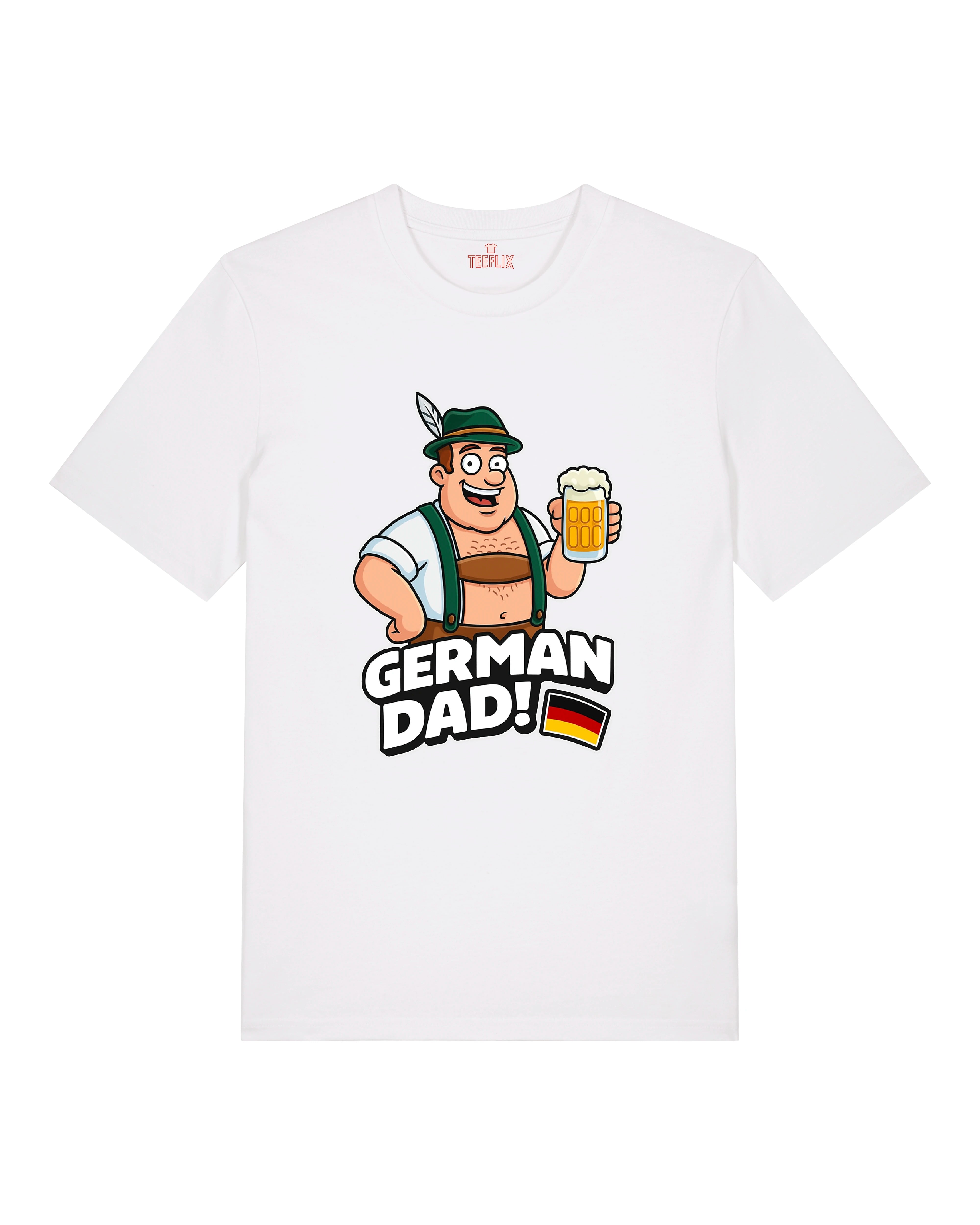 Weißes T-Shirt mit bayrischem Papa-Charakter, Bierkrug in der Hand, Text ‚German Dad!‘ darunter mit Flagge.