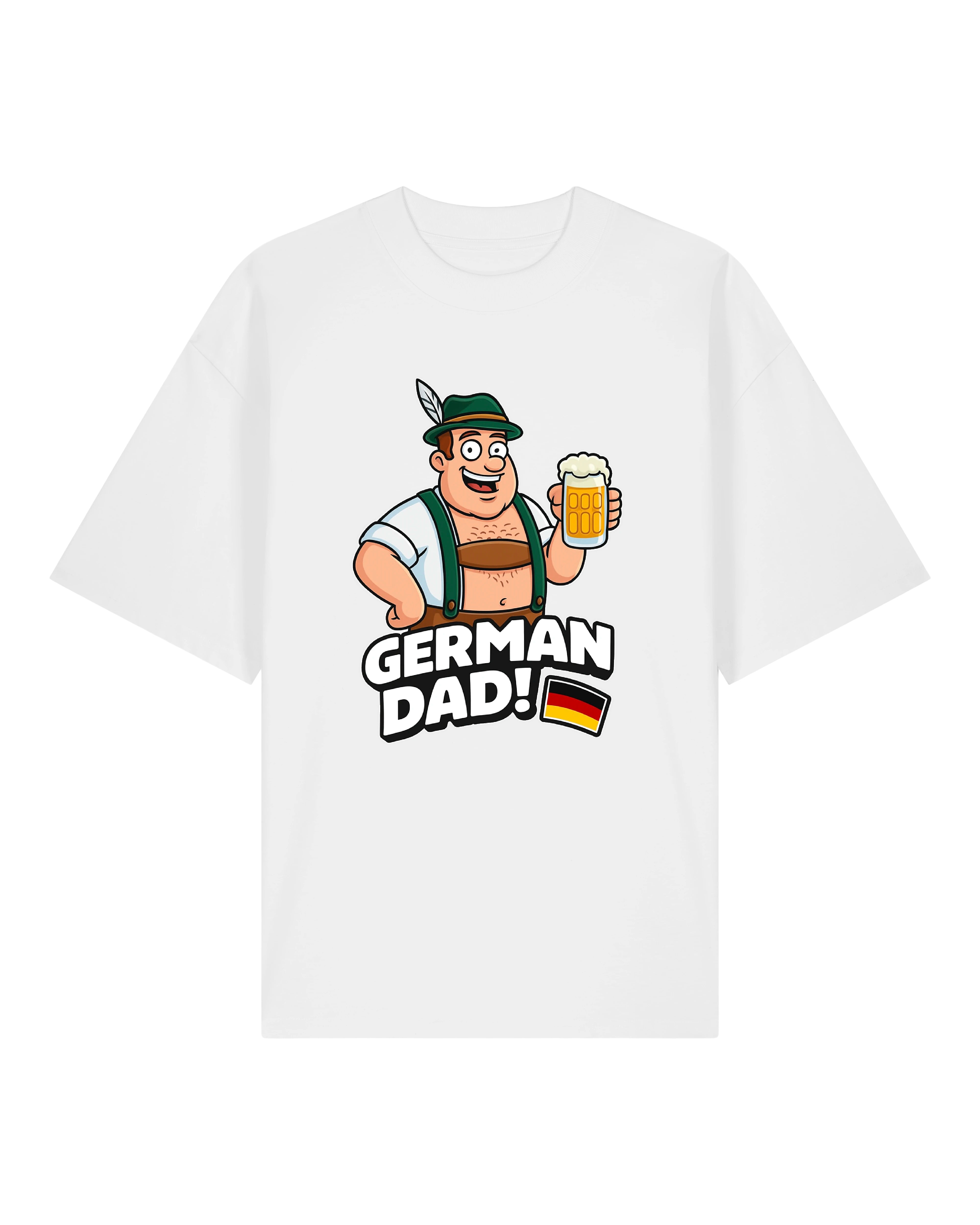 Weißes T-Shirt mit bayrischem Papa-Charakter, Bierkrug in der Hand, Text ‚German Dad!‘ darunter mit Flagge.