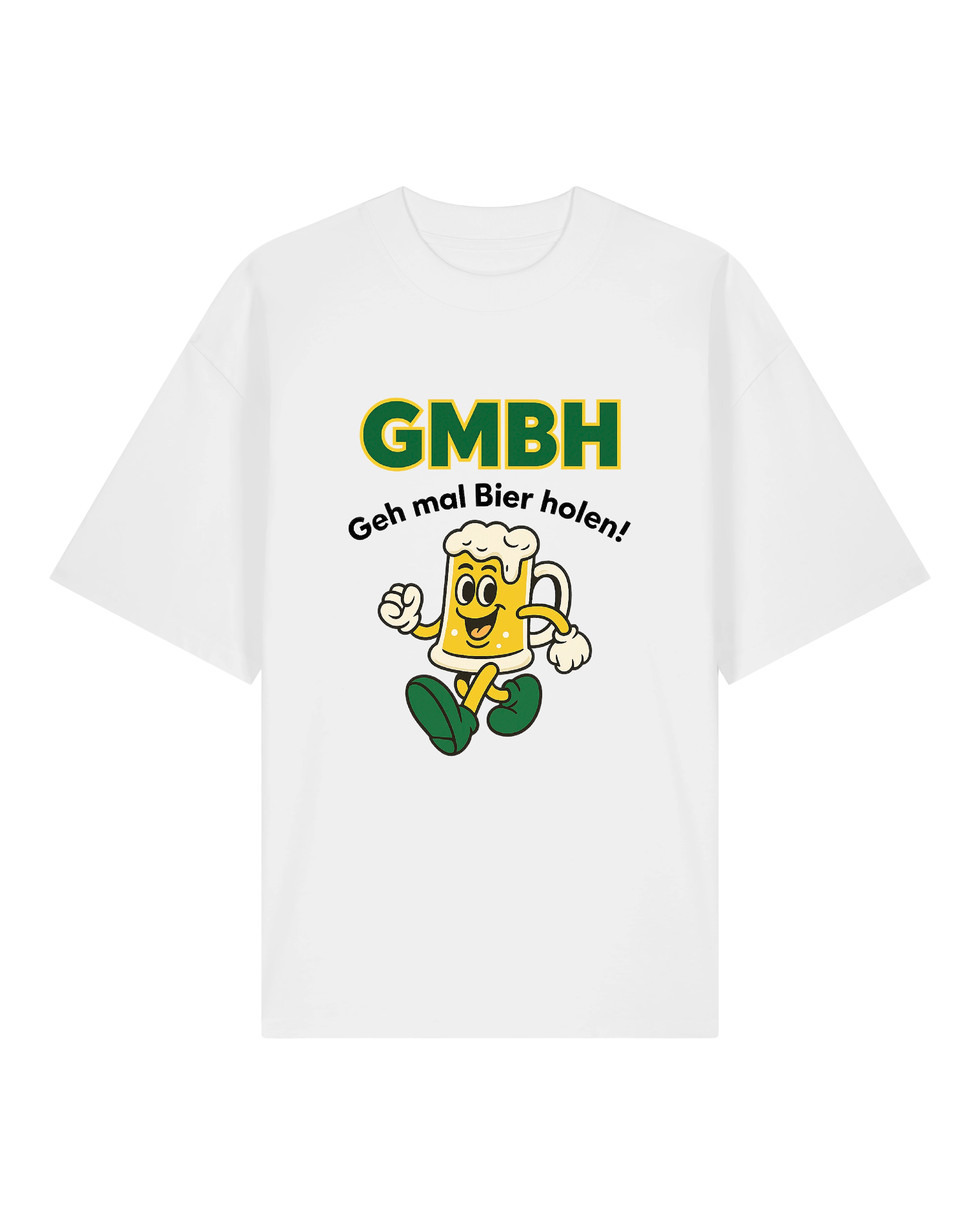 Das Bild zeigt ein humorvolles T-Shirt mit dem Aufdruck "GMBH – Geh mal Bier holen!" in großen, auffälligen Buchstaben. Darunter befindet sich ein fröhlicher, comicartiger Bierkrug mit Gesicht, Armen und Beinen, der in Laufbewegung dargestellt ist. Das Shirt ist in den Farben Weiß, Grau und Schwarz erhältlich und gehört zur Funshirt-Kollektion von Teeflix – perfekt für Bierliebhaber und Partylöwen.