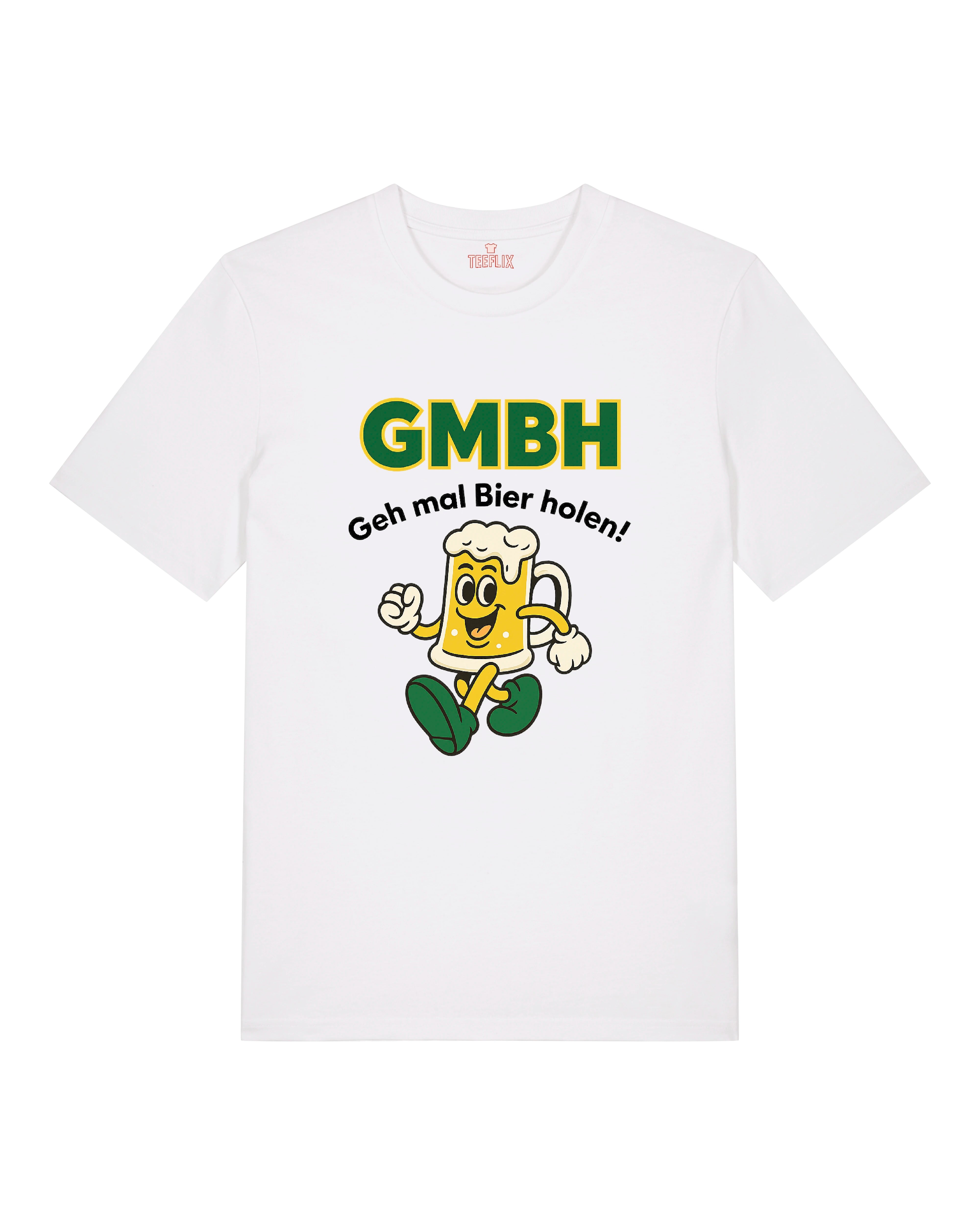 Das Bild zeigt ein humorvolles T-Shirt mit dem Aufdruck "GMBH – Geh mal Bier holen!" in großen, auffälligen Buchstaben. Darunter befindet sich ein fröhlicher, comicartiger Bierkrug mit Gesicht, Armen und Beinen, der in Laufbewegung dargestellt ist. Das Shirt ist in den Farben Weiß, Grau und Schwarz erhältlich und gehört zur Funshirt-Kollektion von Teeflix – perfekt für Bierliebhaber und Partylöwen.