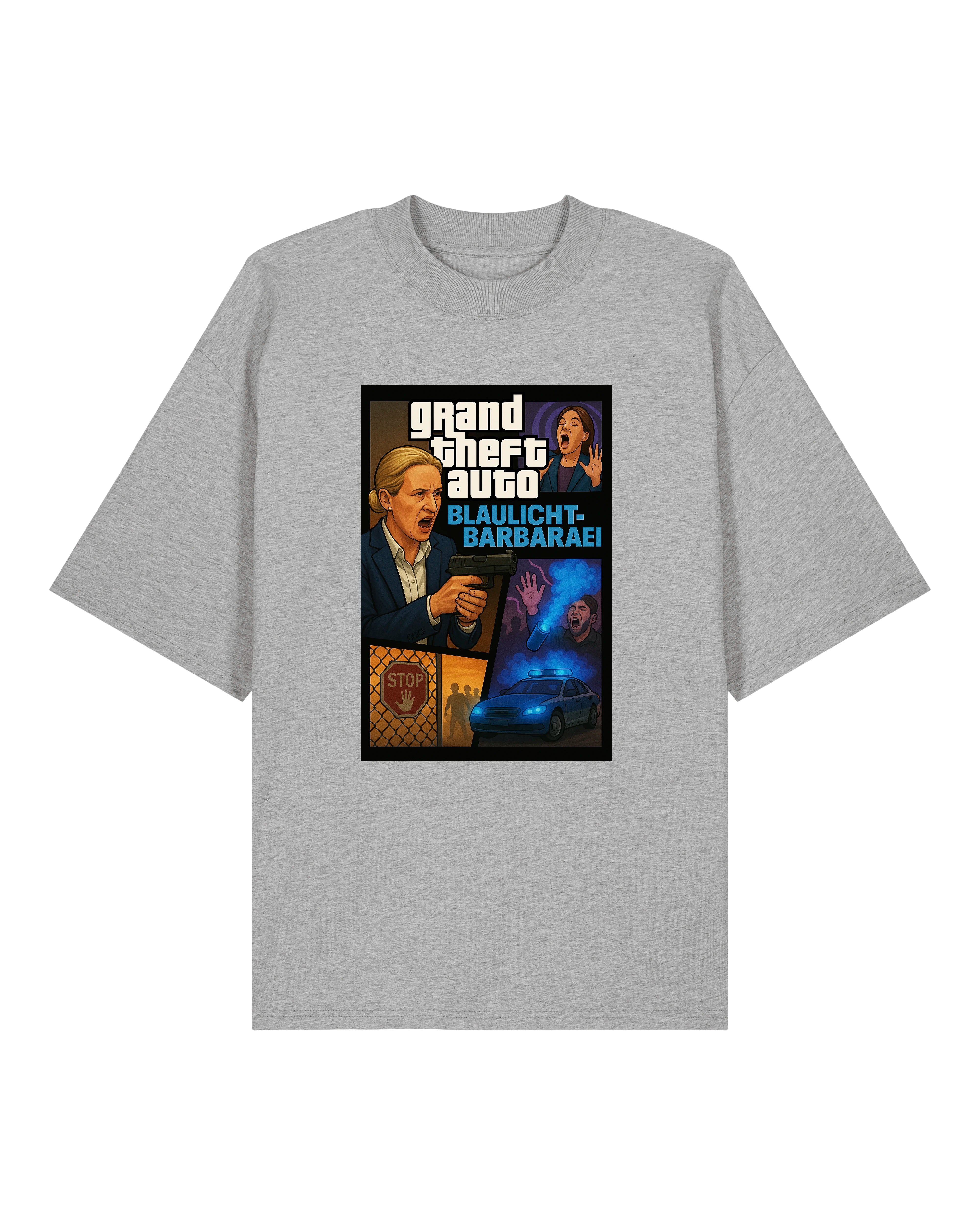 „Graues T-Shirt mit humorvollem GTA-Stil-Design zum Thema Sicherheitspolitik“
