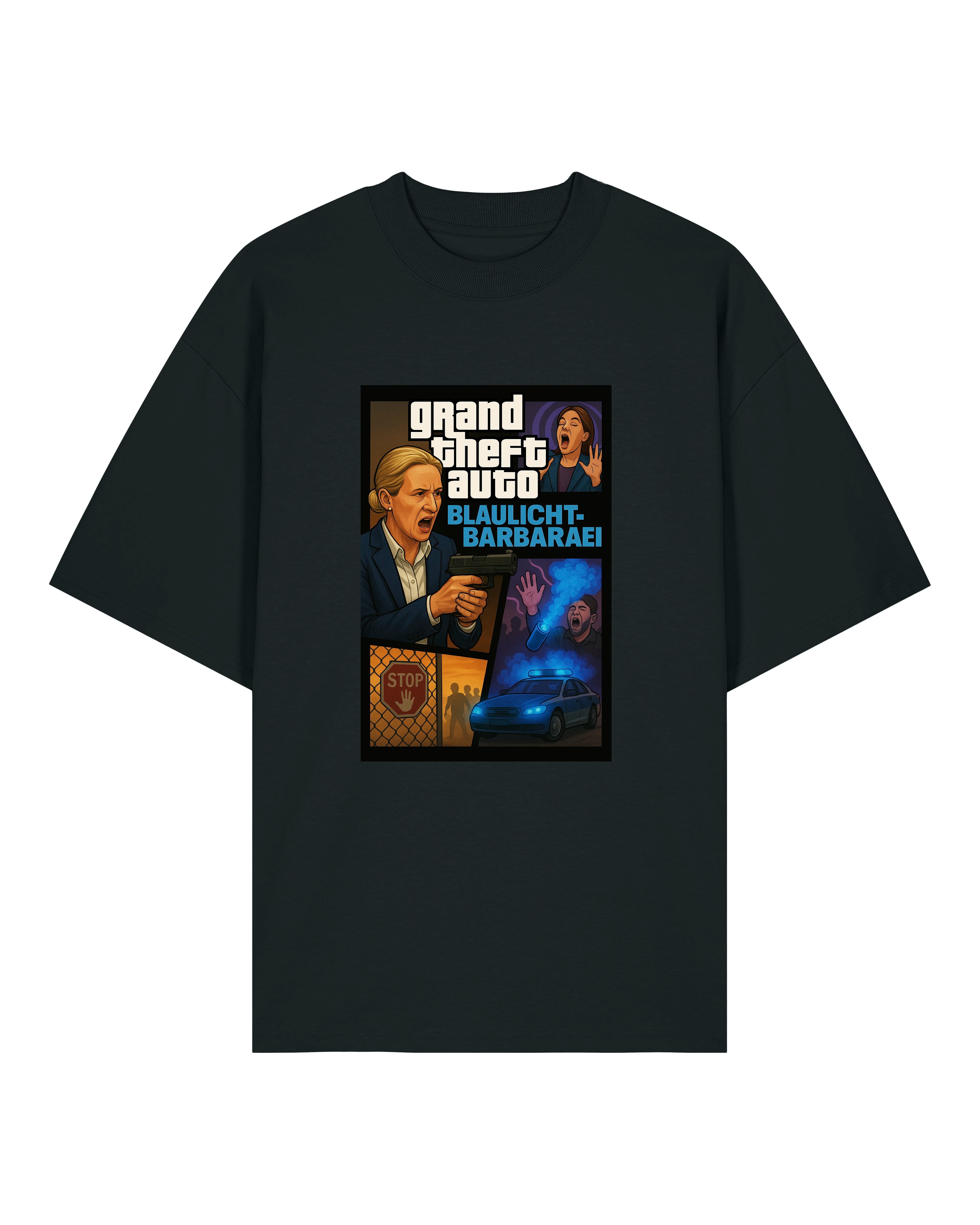 „T-Shirt mit GTA-Cover-Design, das eine Politikerin mit Waffe und Blaulicht-Szene zeigt – satirisches Statement auf schwarzem Shirt“